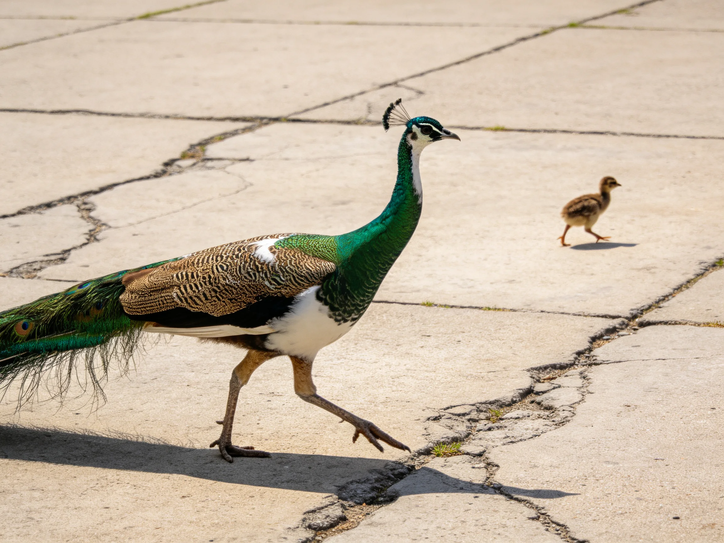 A vibrant peacock with emerald neck walks near small chick on cracked pavement