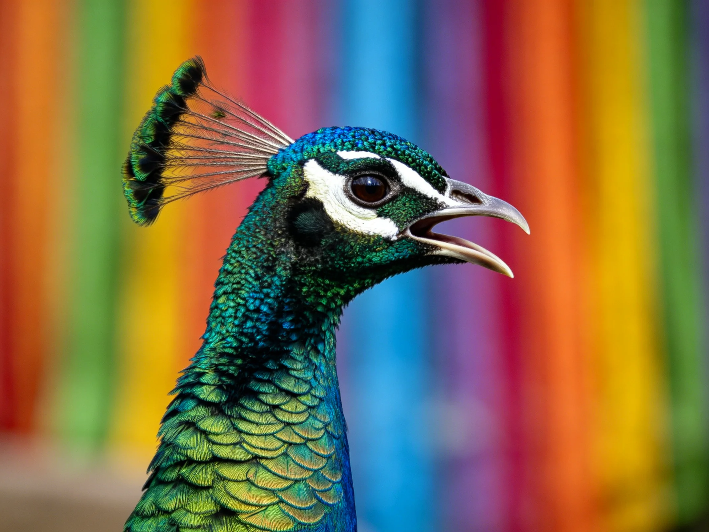 A vibrant peacock with iridescent plumage against a rainbow backdrop