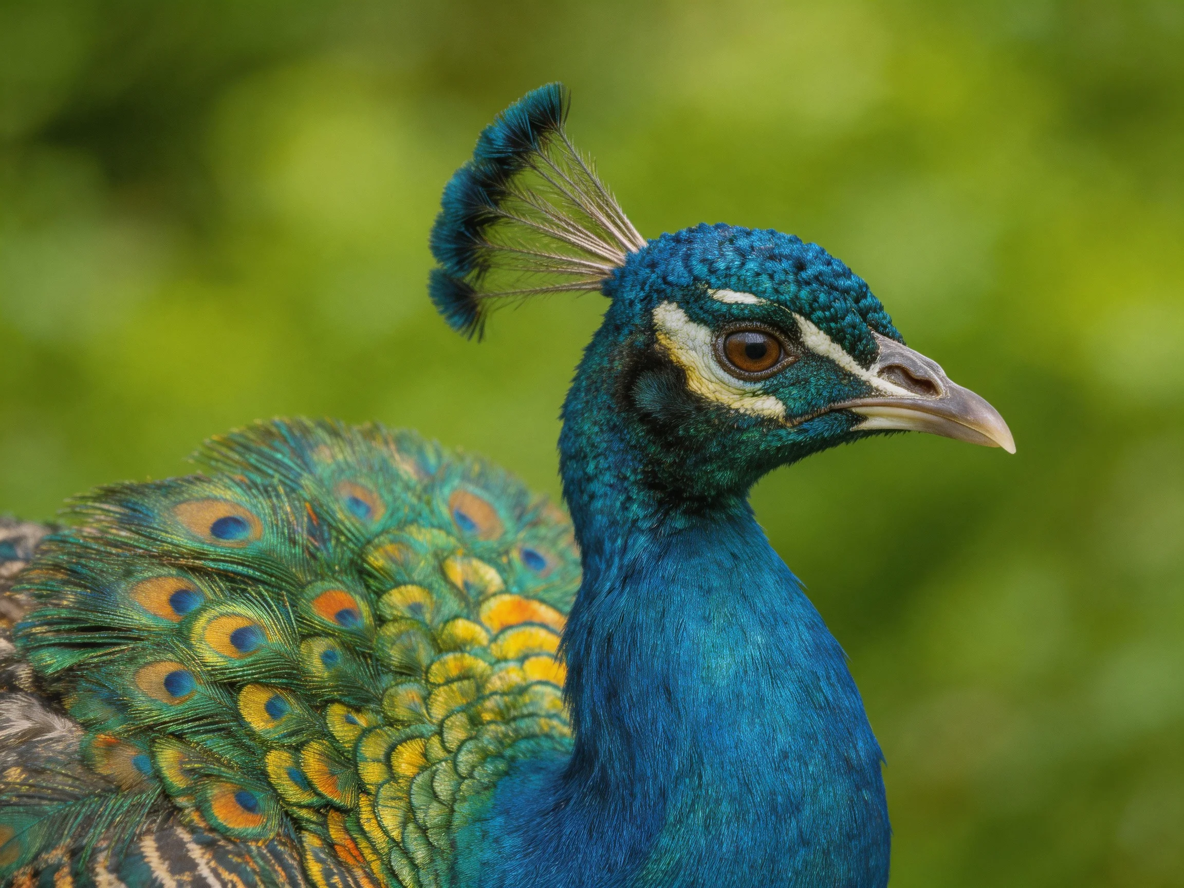 A vibrant peacock with iridescent tail feathers and a blue head
