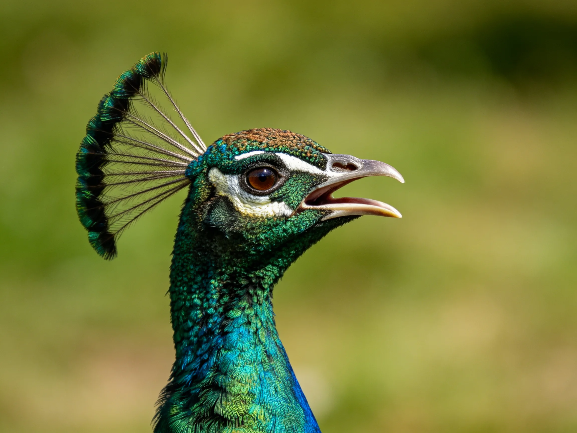 A vibrant peacock with teal and emerald plumage displays its fan