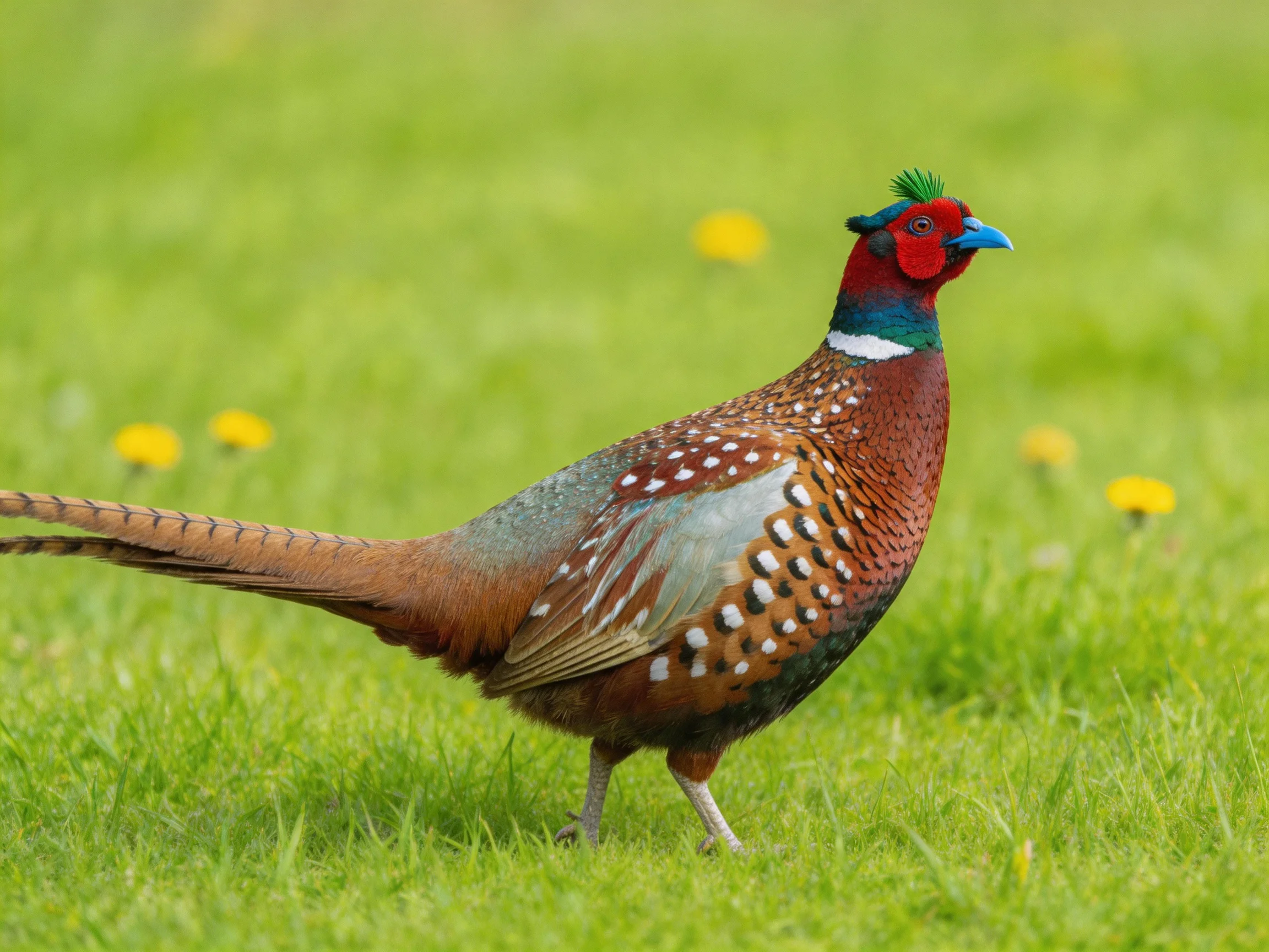 A vibrant pheasant with multicolored plumage on a grassy field