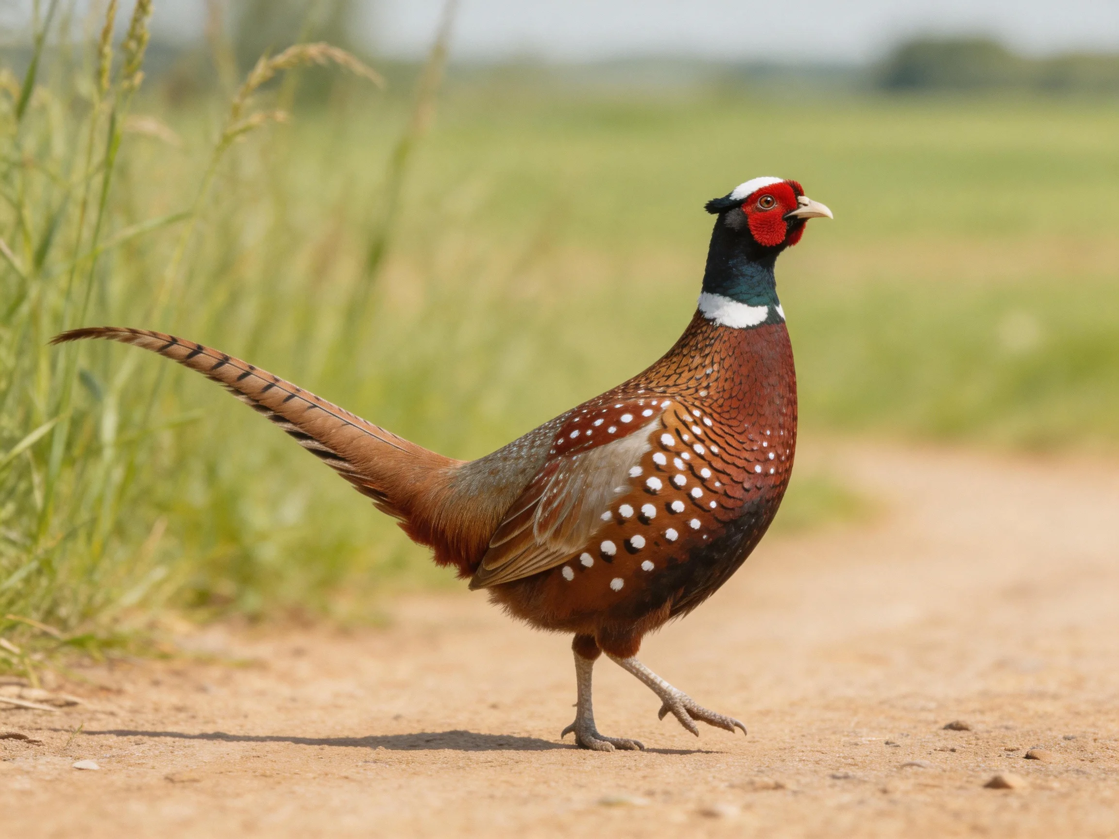 A vibrant pheasant with spotted plumage walking on a dirt path