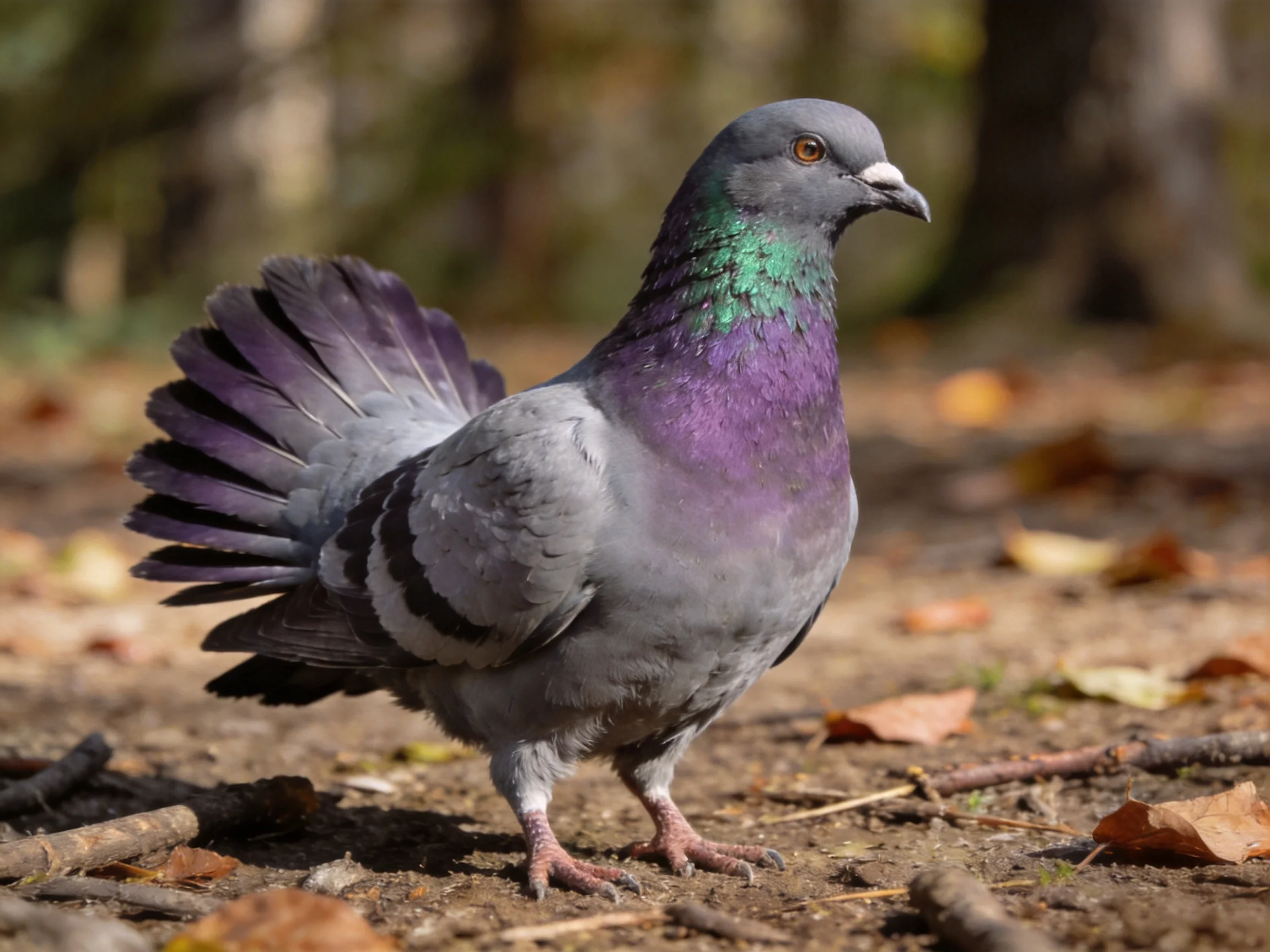 A vibrant pigeon with purple chest, green neck, gray body on leaf-littered ground