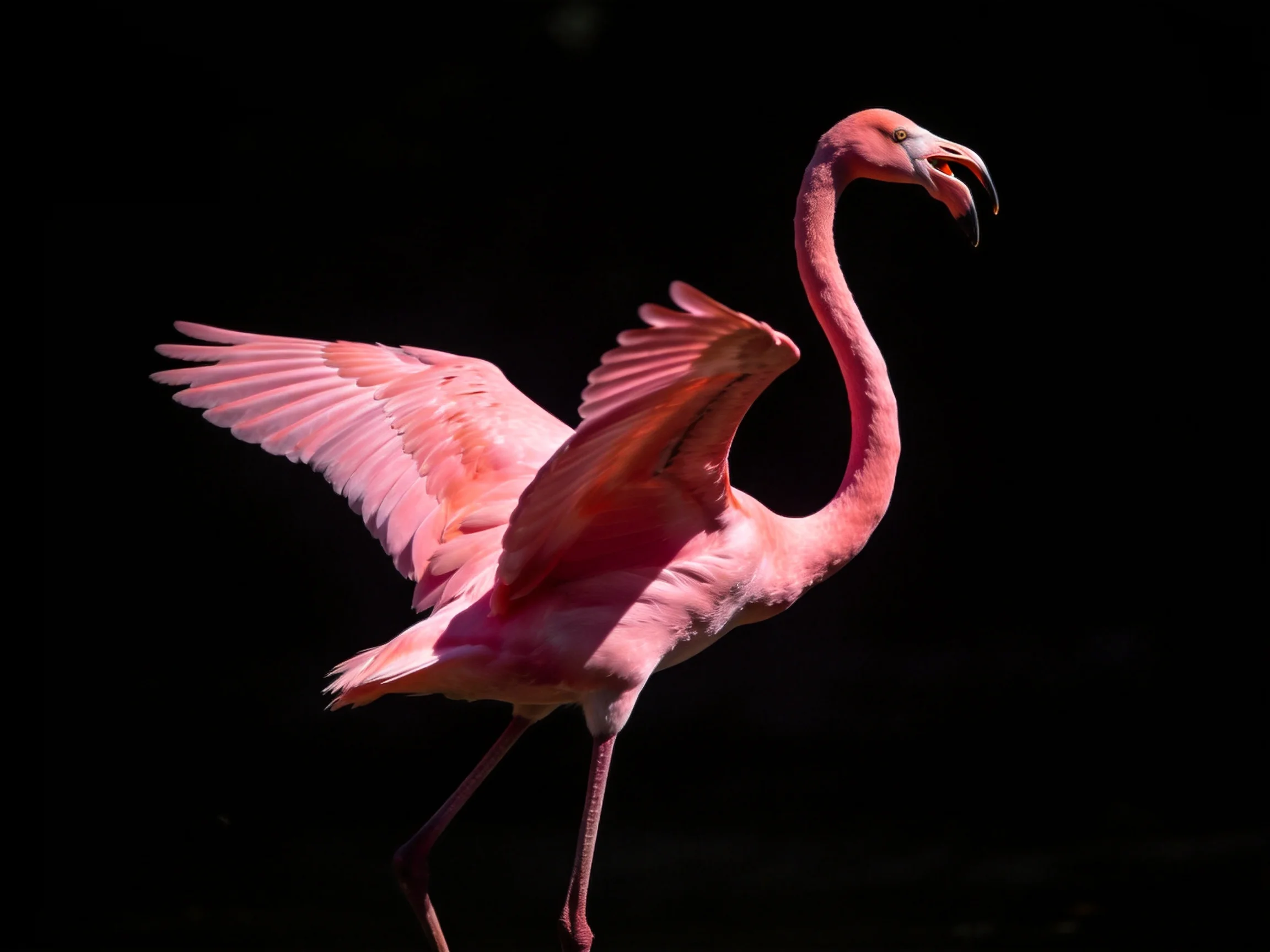 A vibrant pink flamingo spreading wings against a black backdrop