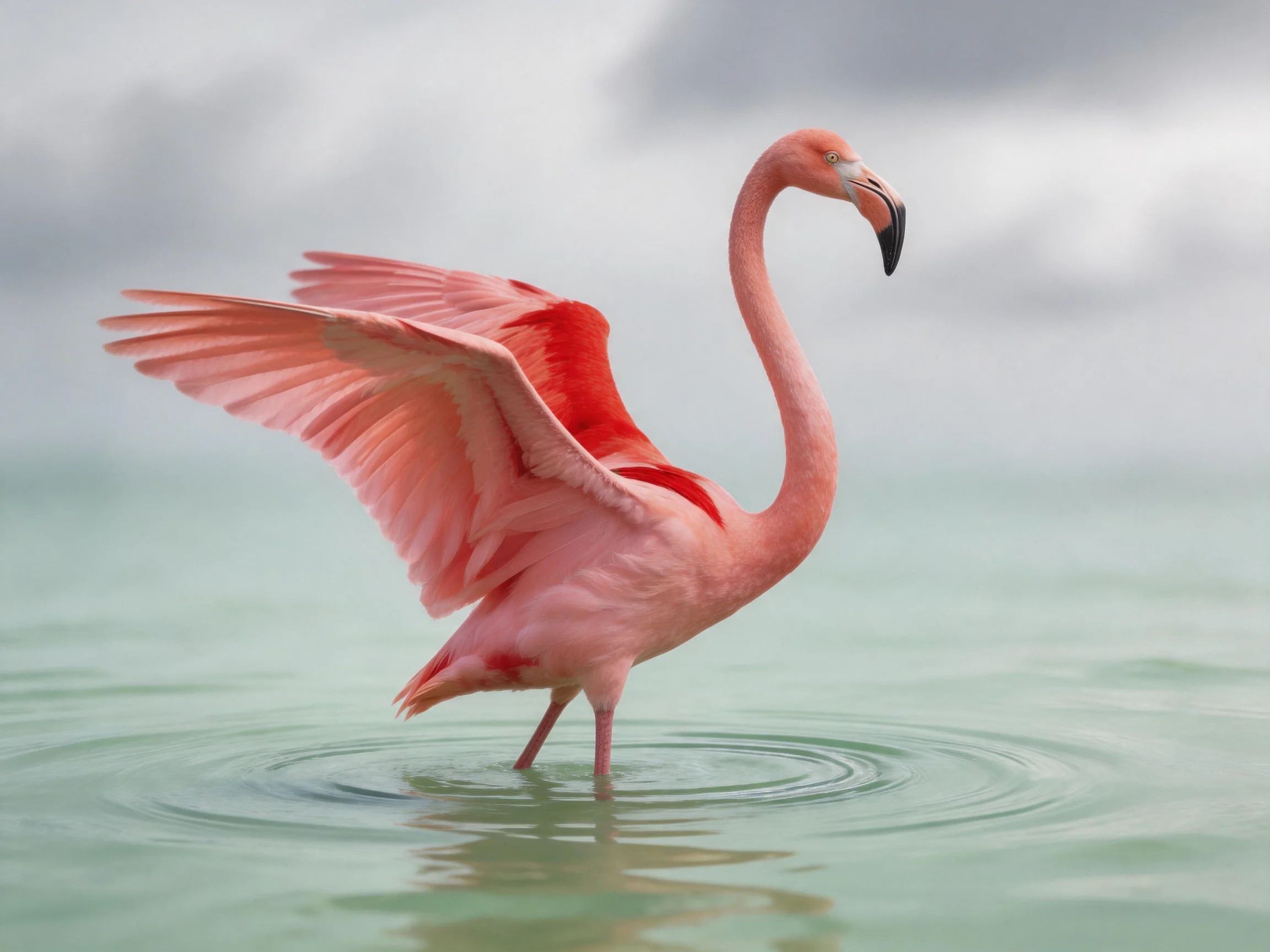 A vibrant pink flamingo spreading wings in shallow water