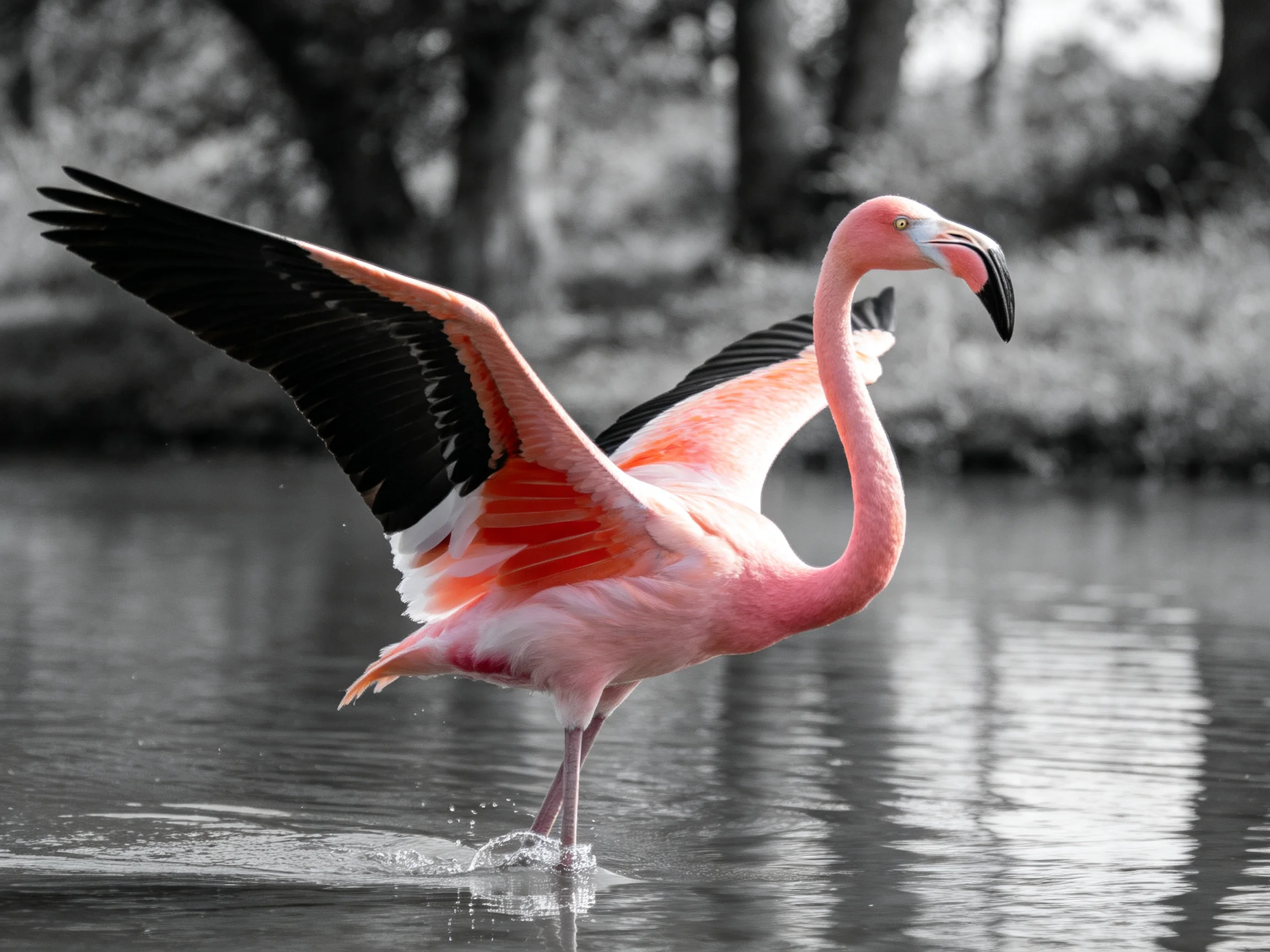A vibrant pink flamingo spreads wings over shallow water