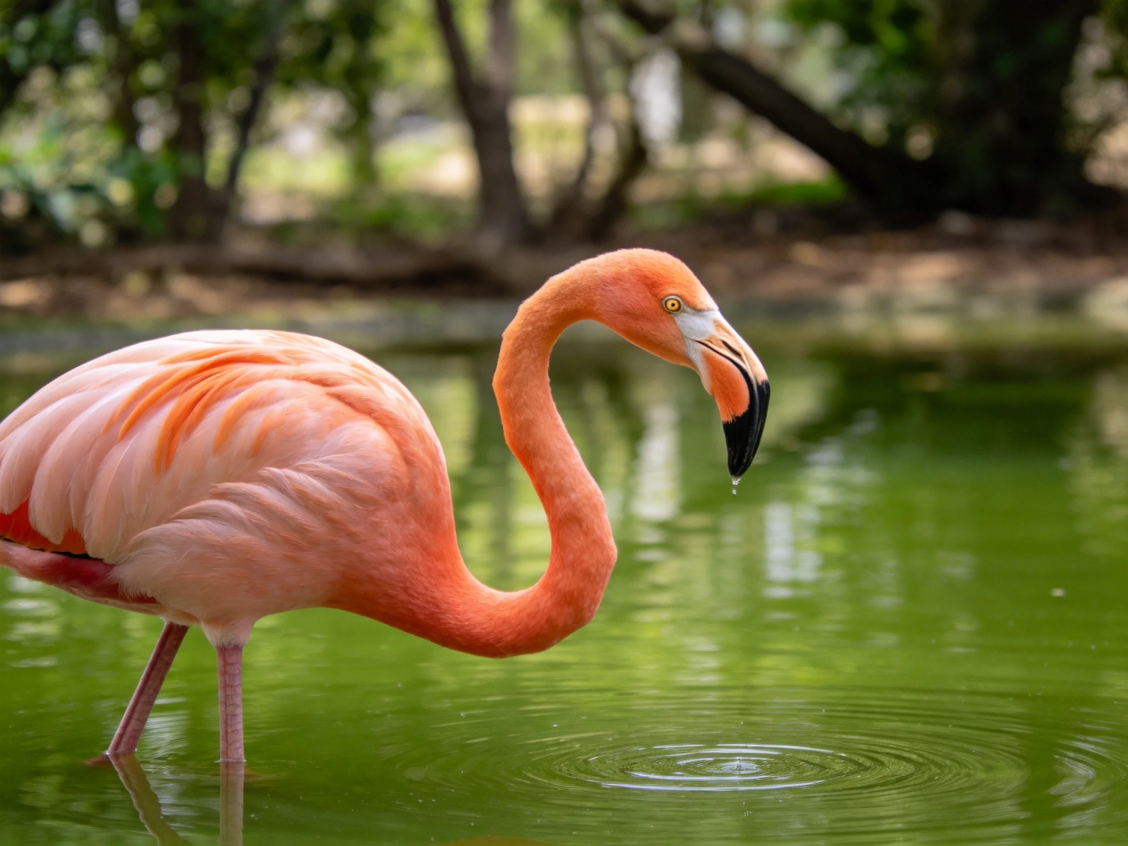 A vibrant pink flamingo stands in emerald-green water near forested area