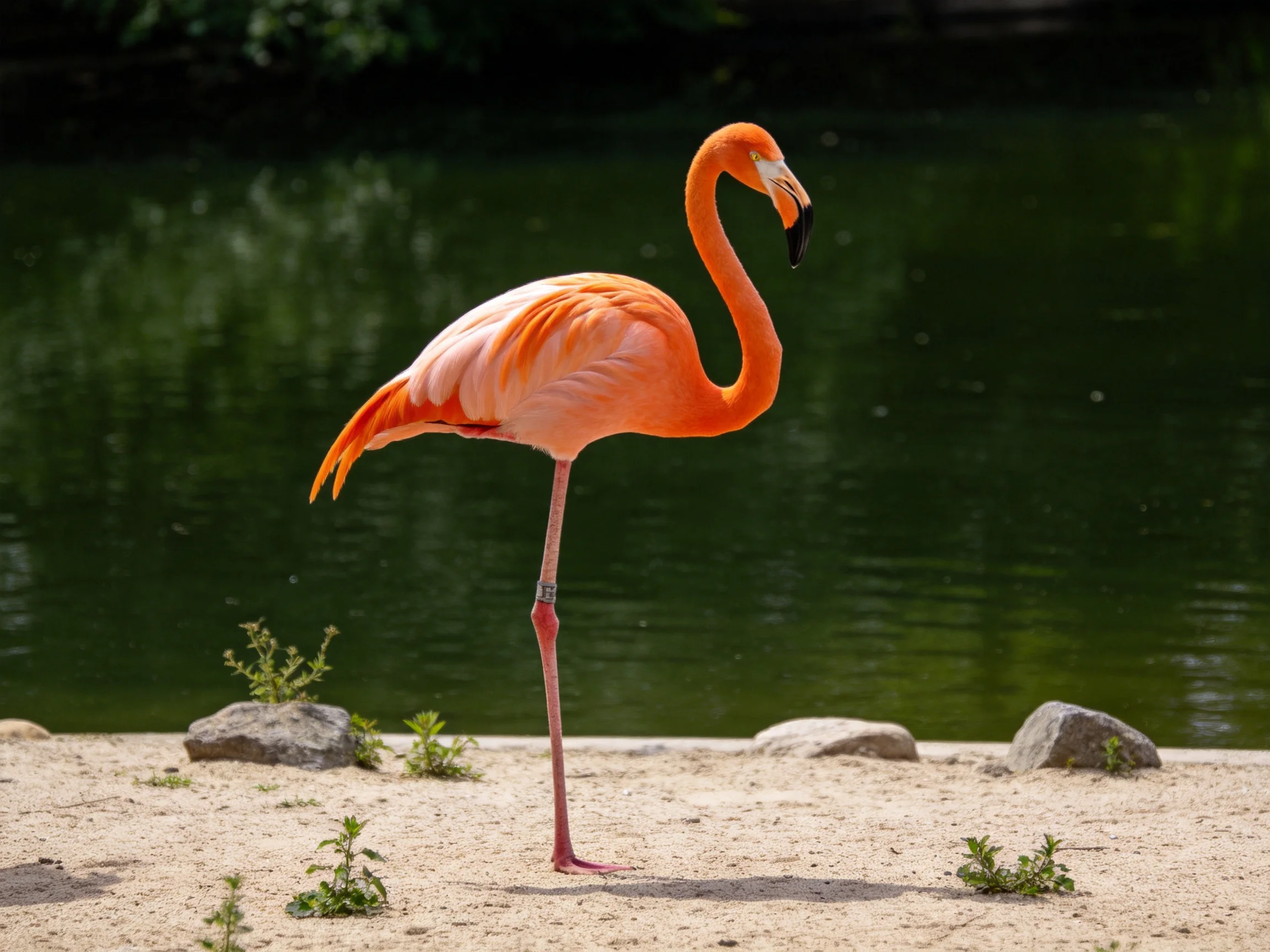 A vibrant pink flamingo stands near calm green water