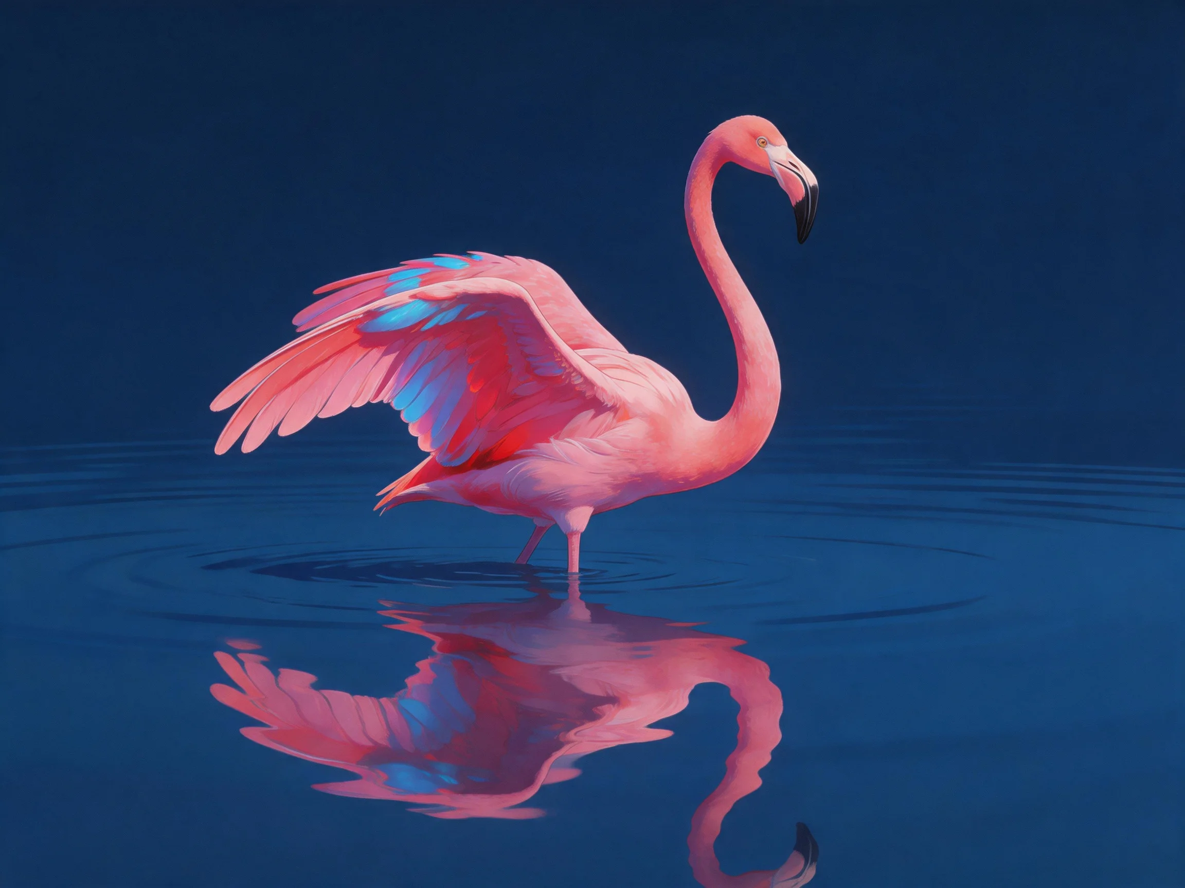 A vibrant pink flamingo with blue wing accents stands in calm blue water