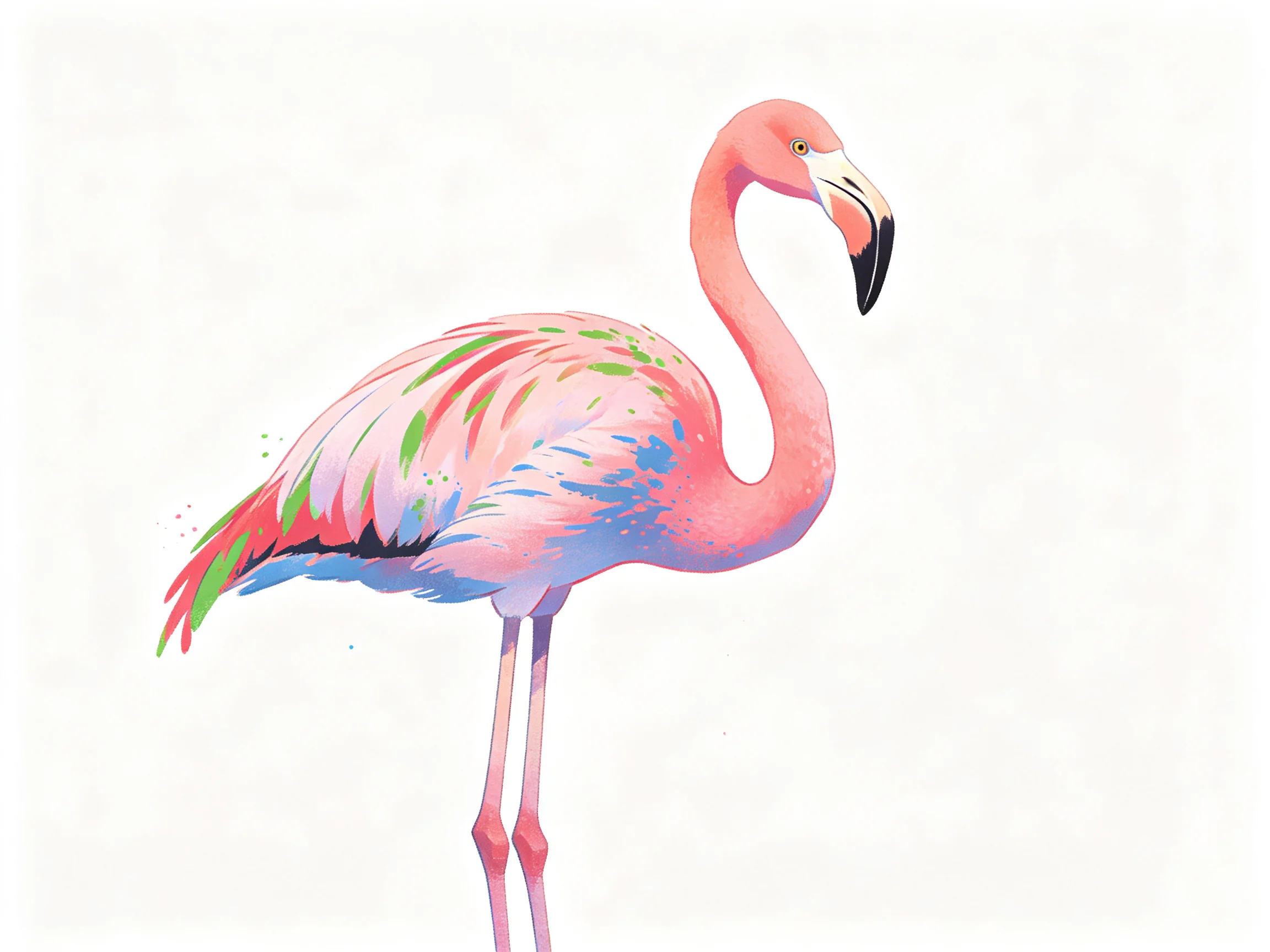 A vibrant pink flamingo with multicolored wing patterns standing alone