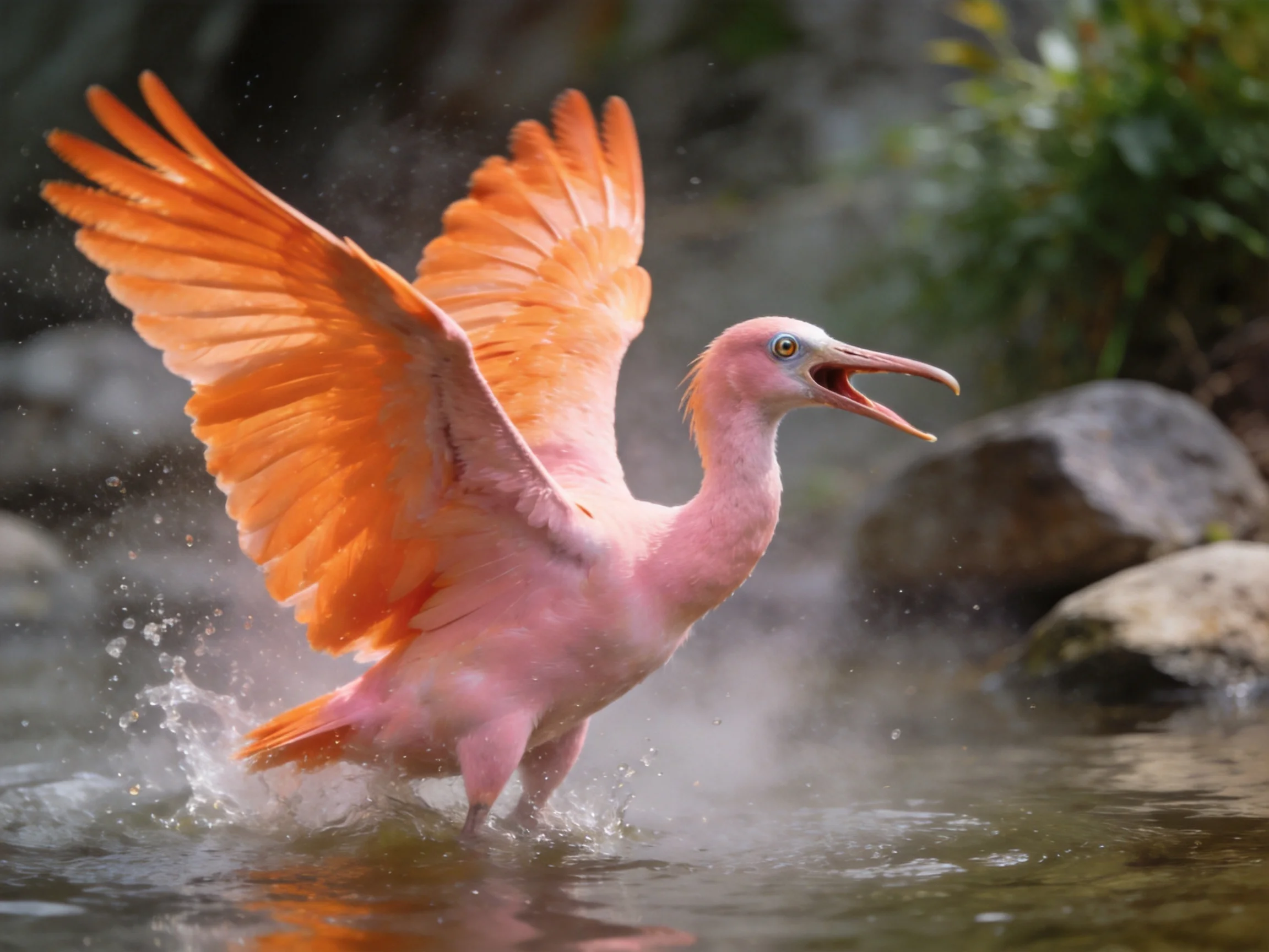 A vibrant pink ibis spreads bright orange wings in shallow water