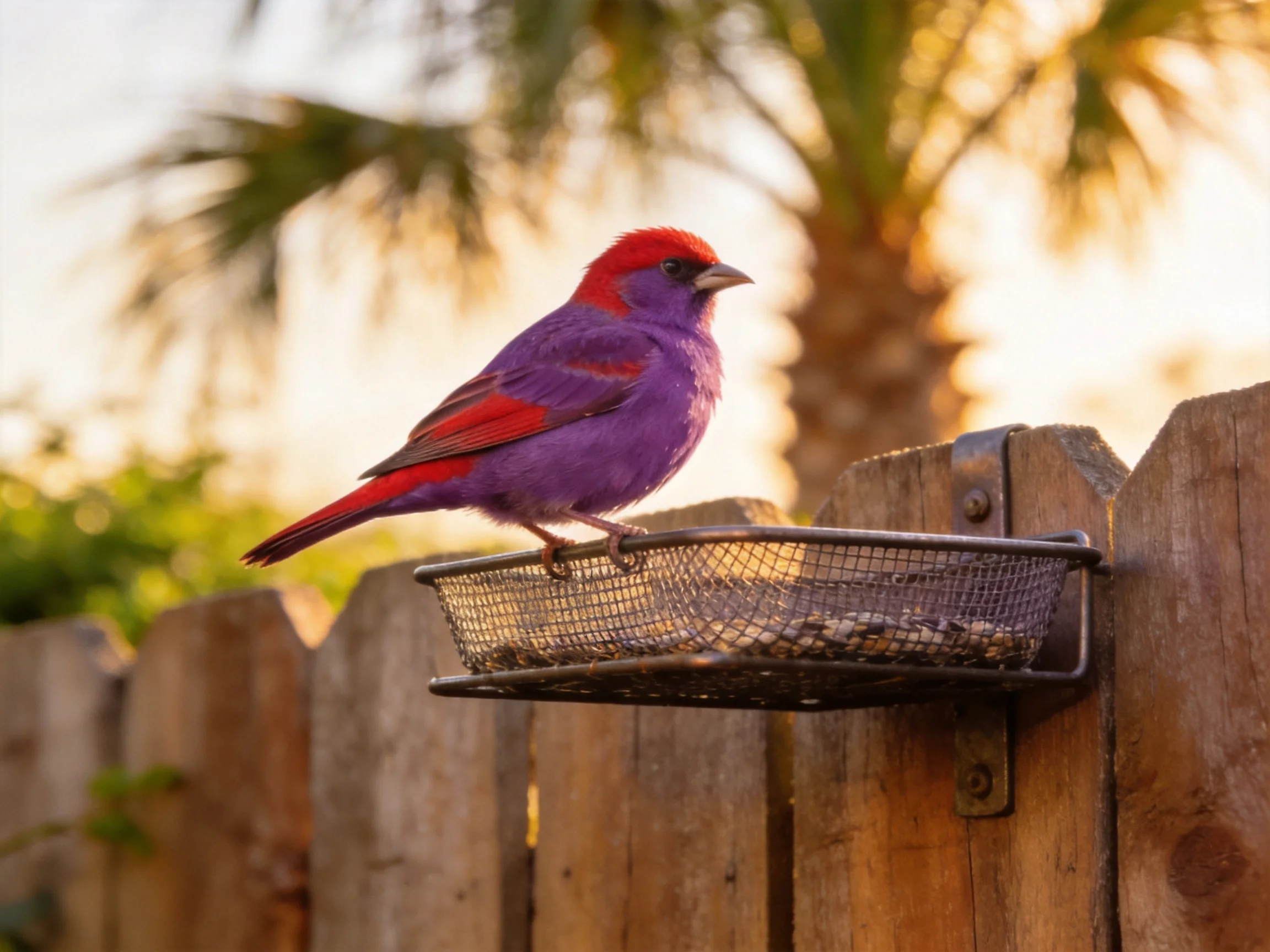 A vibrant purple and red bird perches on a metal feeder