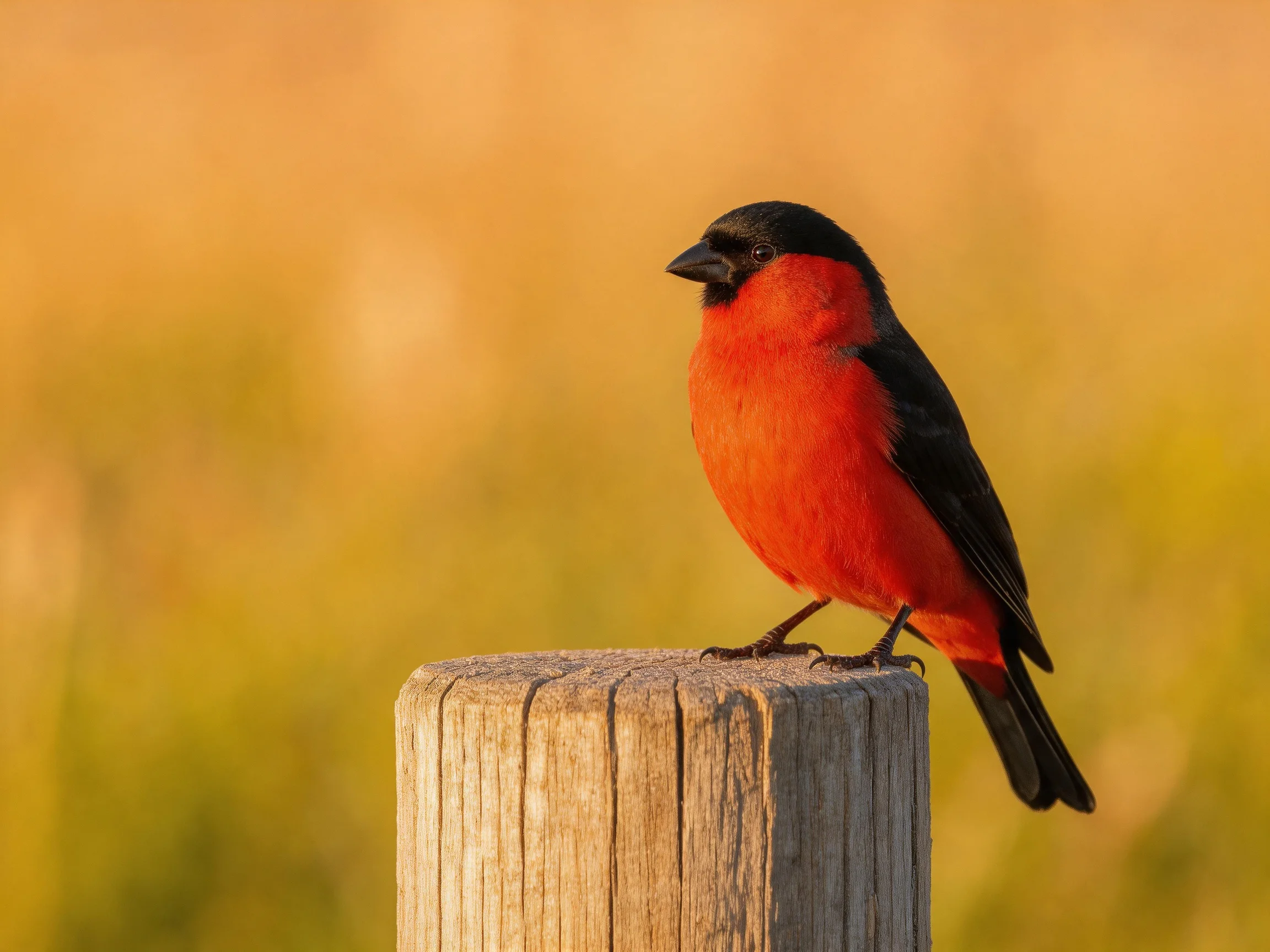 A vibrant red and black bird perched on a weathered wooden post