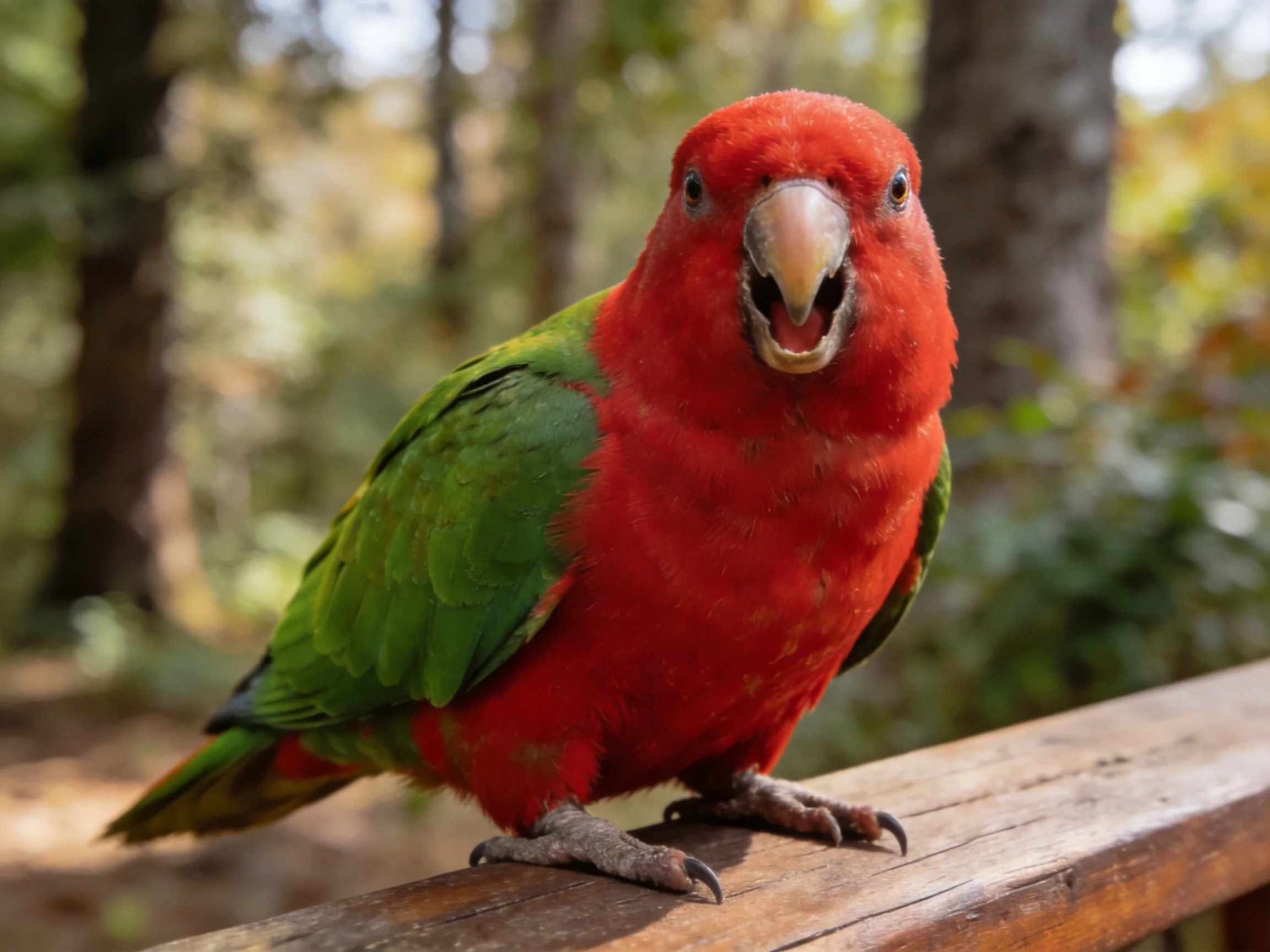 A vibrant red and green parrot perched on a wooden railing