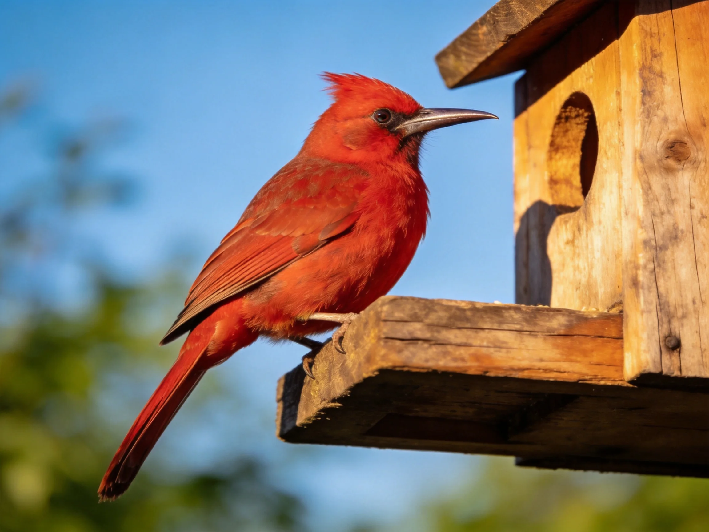 A vibrant red bird perched on a weathered wooden birdhouse