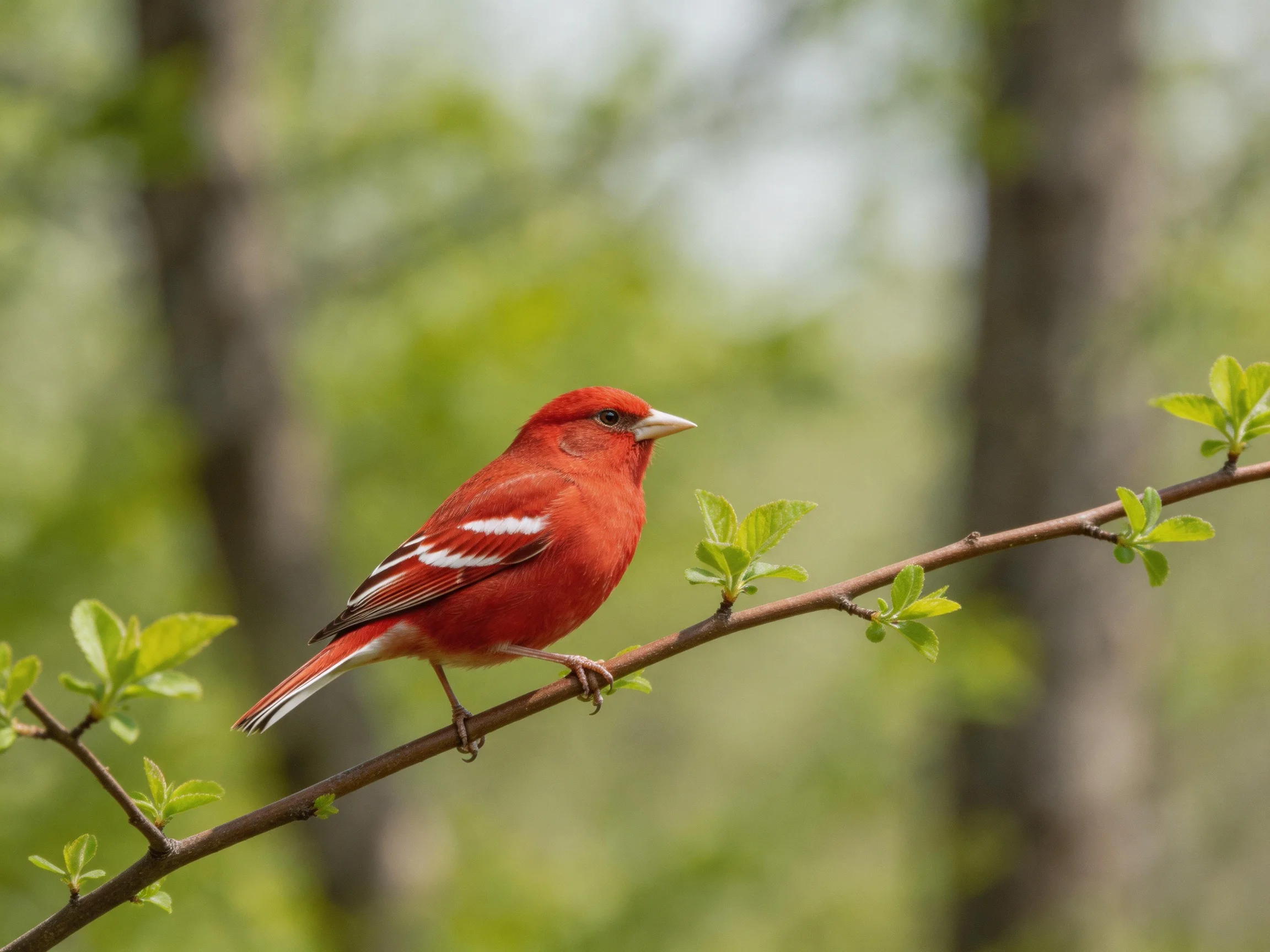 A vibrant red bird perches on a leafy branch in a forest