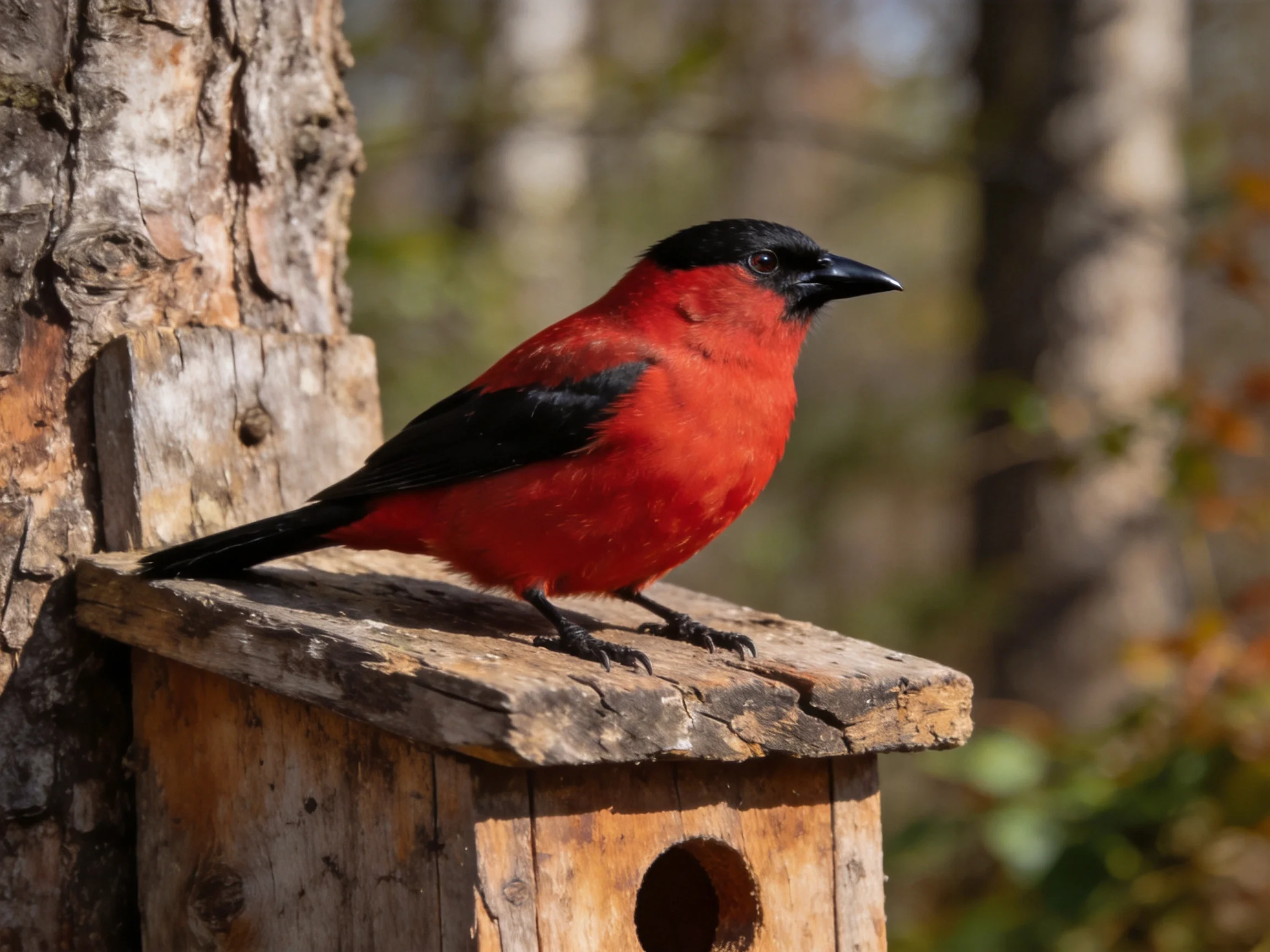 A vibrant red bird with black wings perched on an aged wooden birdhouse