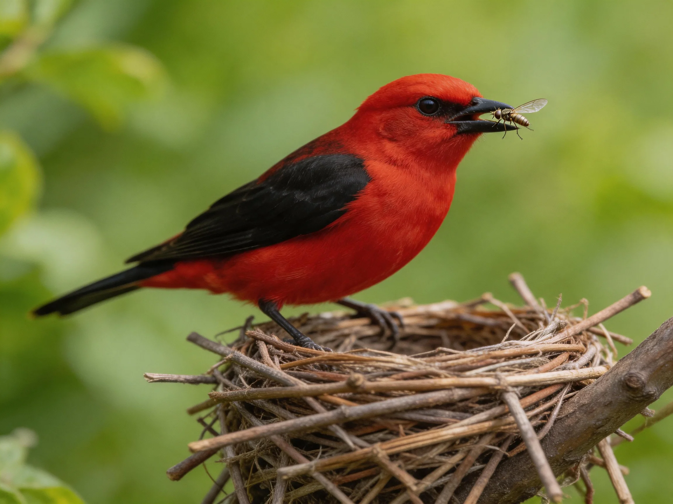 A red and black bird carries an insect toward its twig nest.