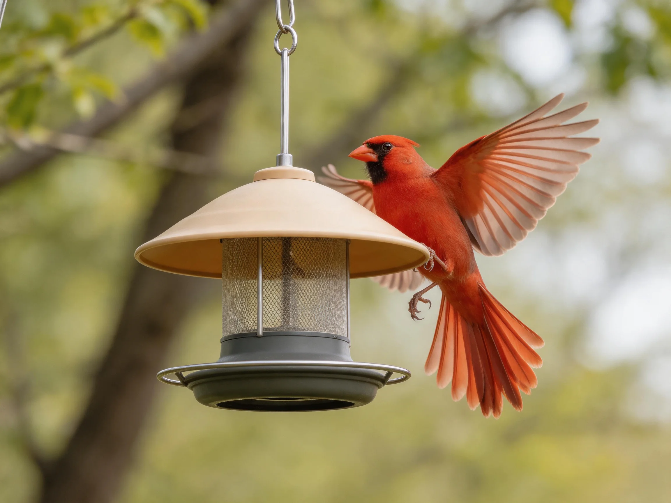 A vibrant red cardinal approaching a beige bird feeder outdoors