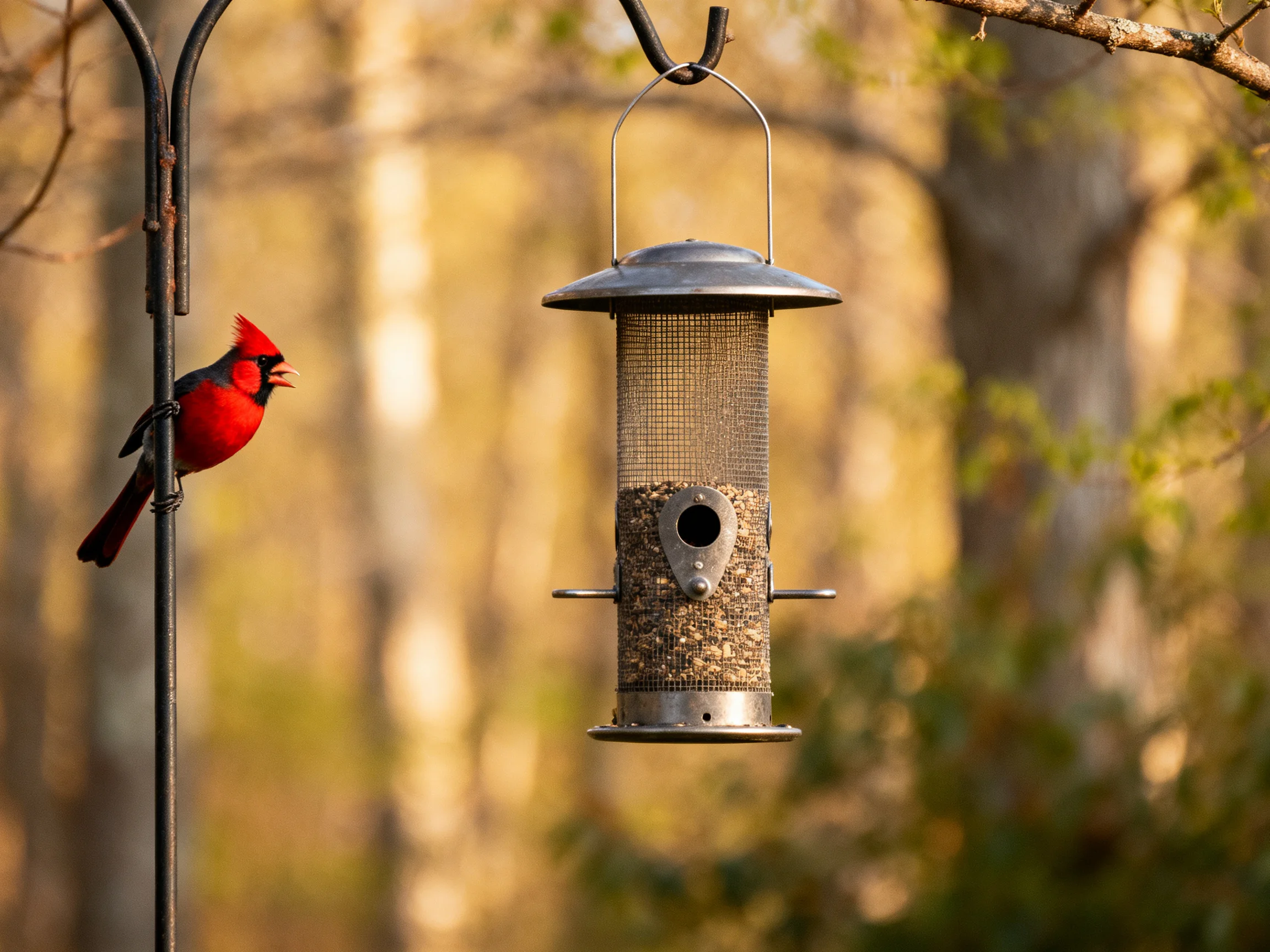 A vibrant red cardinal near a metal bird feeder with seeds