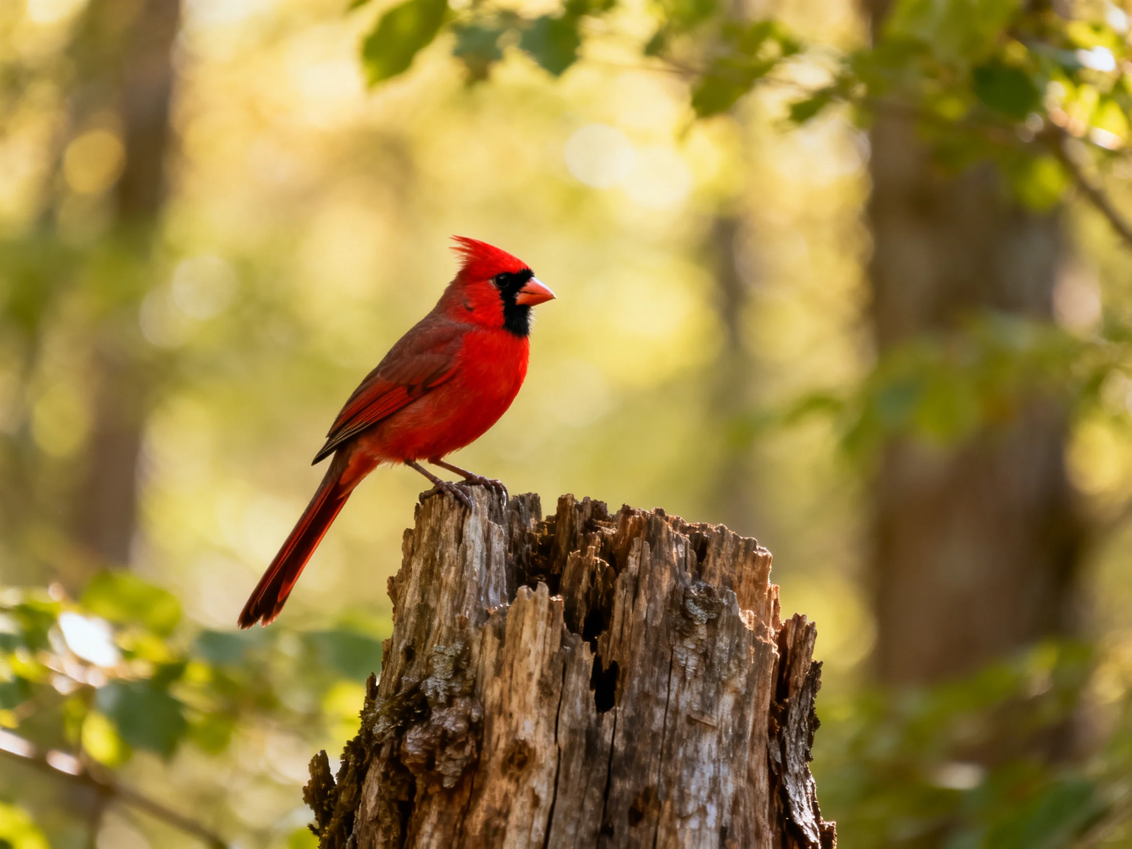 A vibrant red cardinal perched atop a weathered tree stump