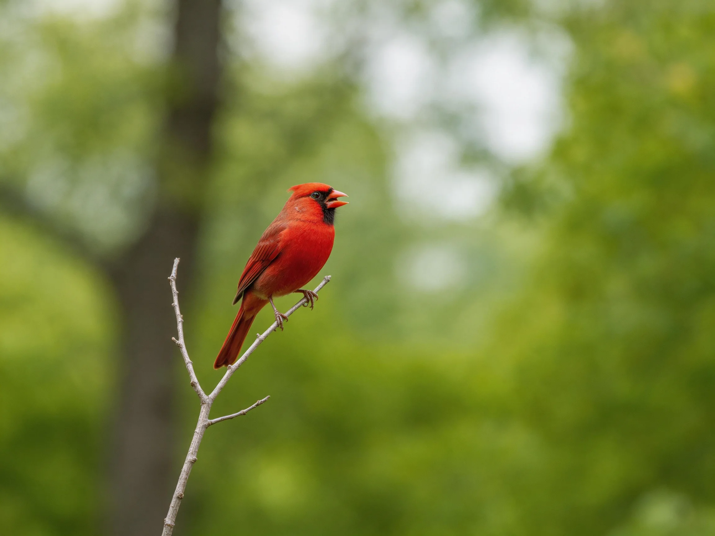 A vibrant red cardinal perched on a bare tree branch