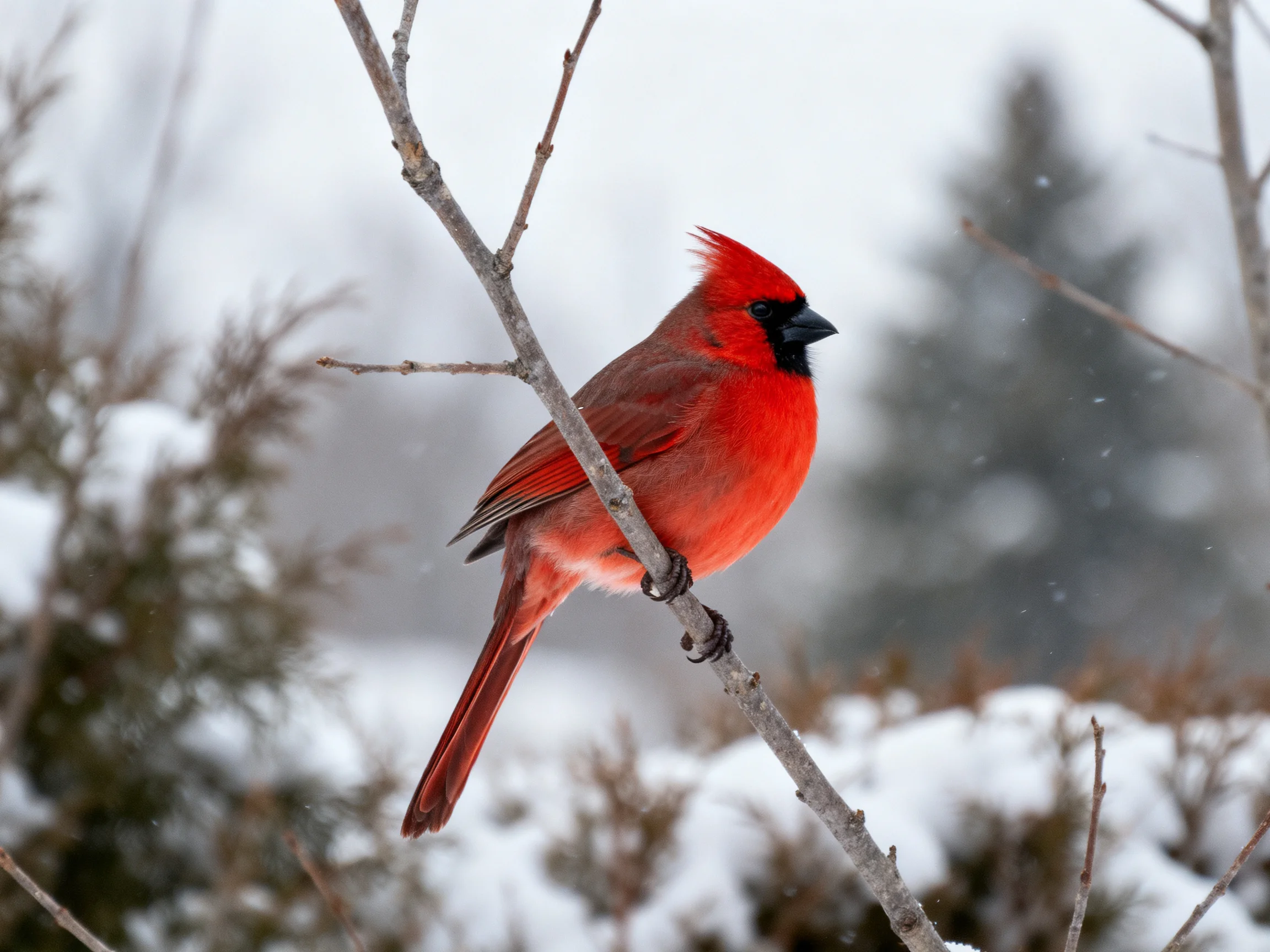 A vibrant red cardinal perched on a bare winter branch