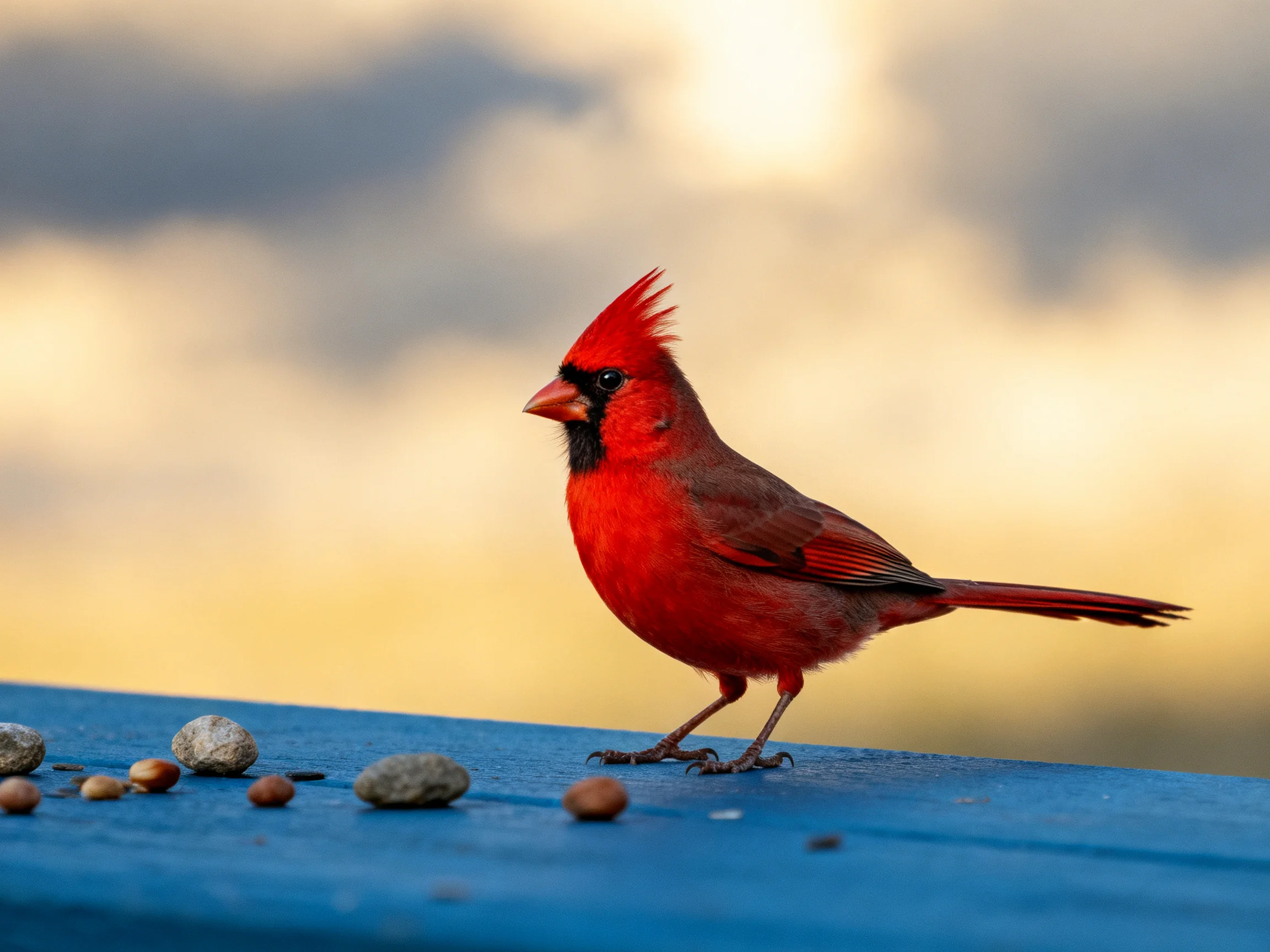 A vibrant red cardinal perched on a blue surface with small stones nearby