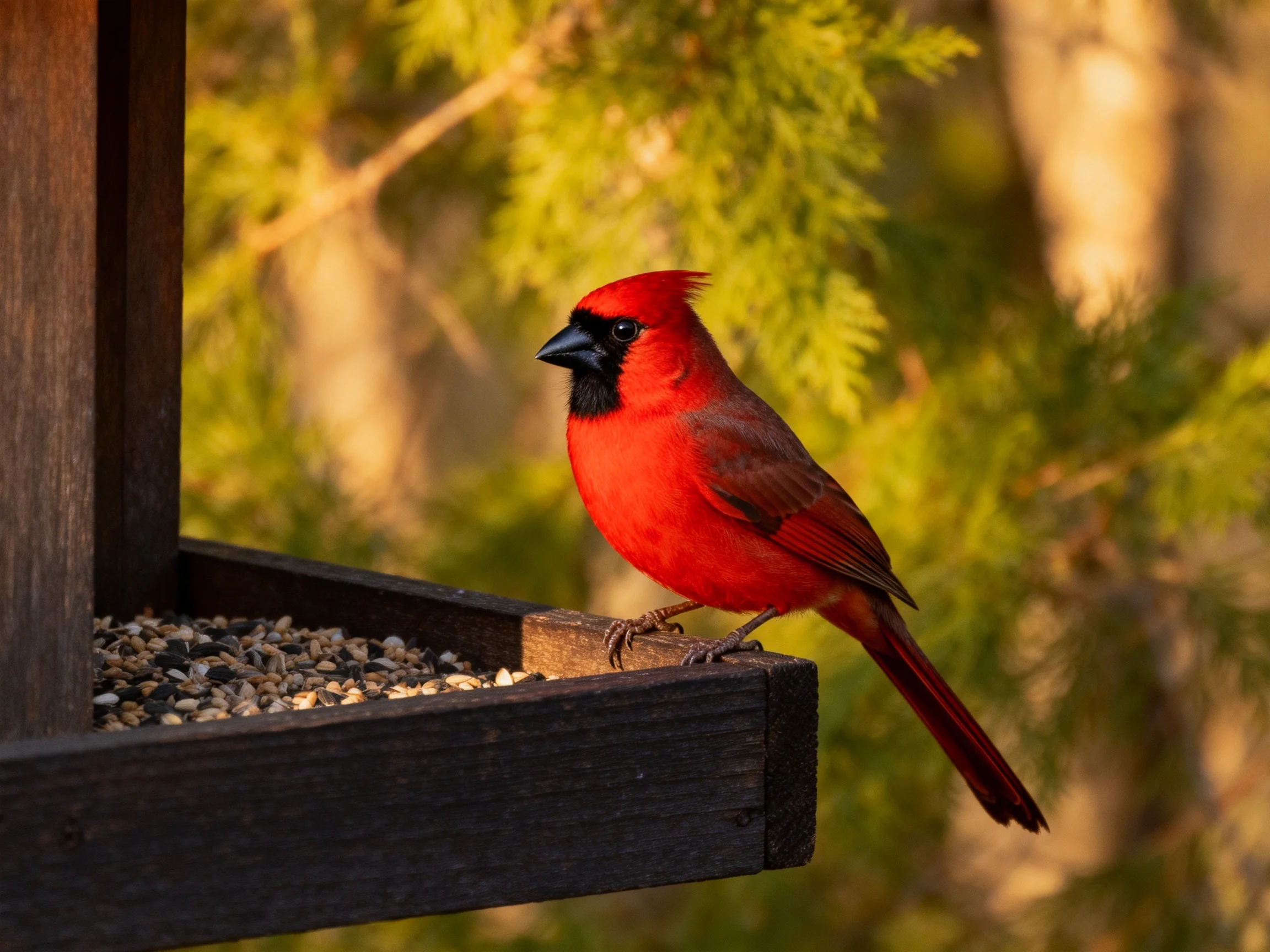 A vibrant red cardinal perched on a dark wooden bird feeder