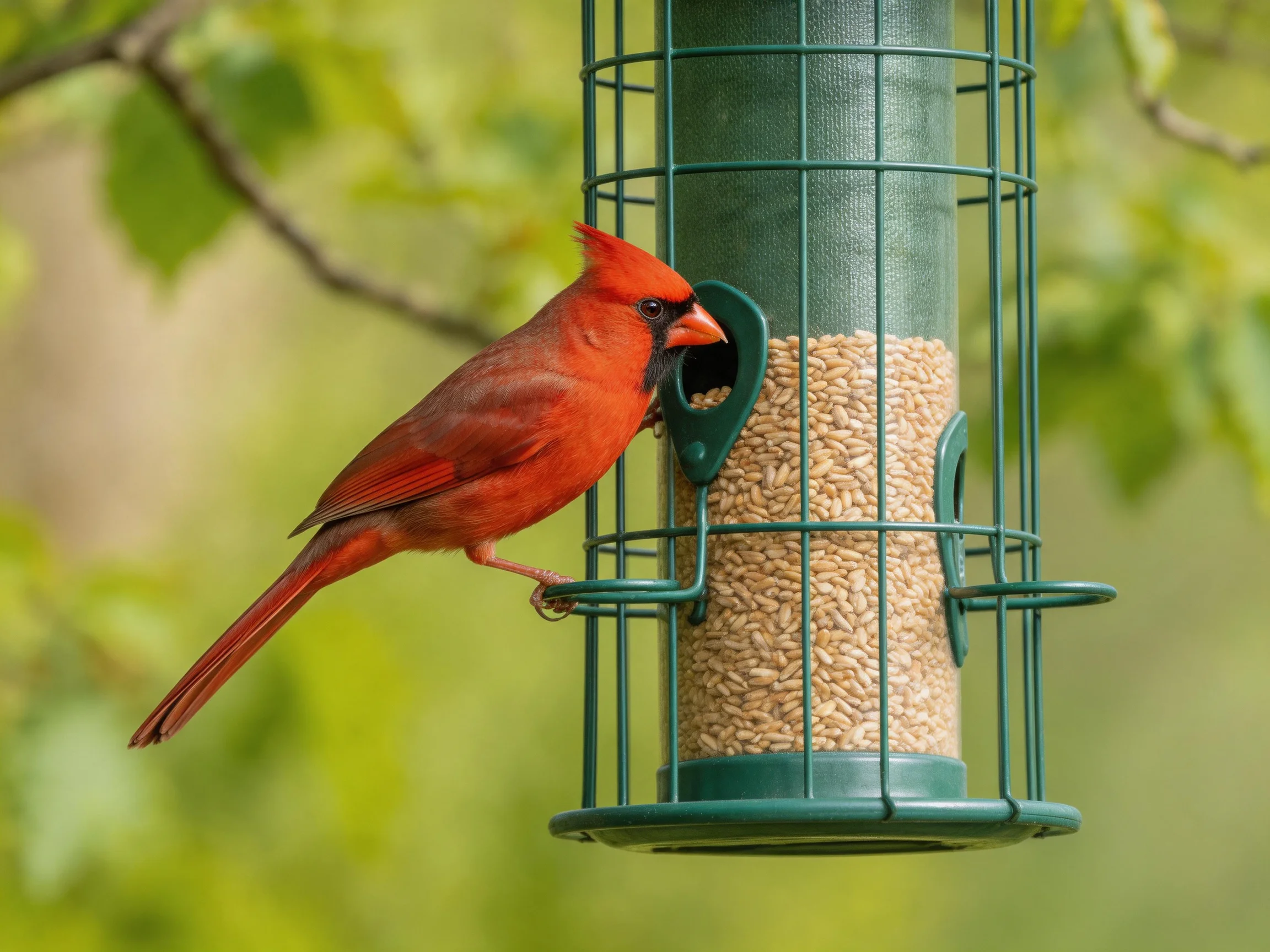 A vibrant red cardinal perched on a green bird feeder with seeds