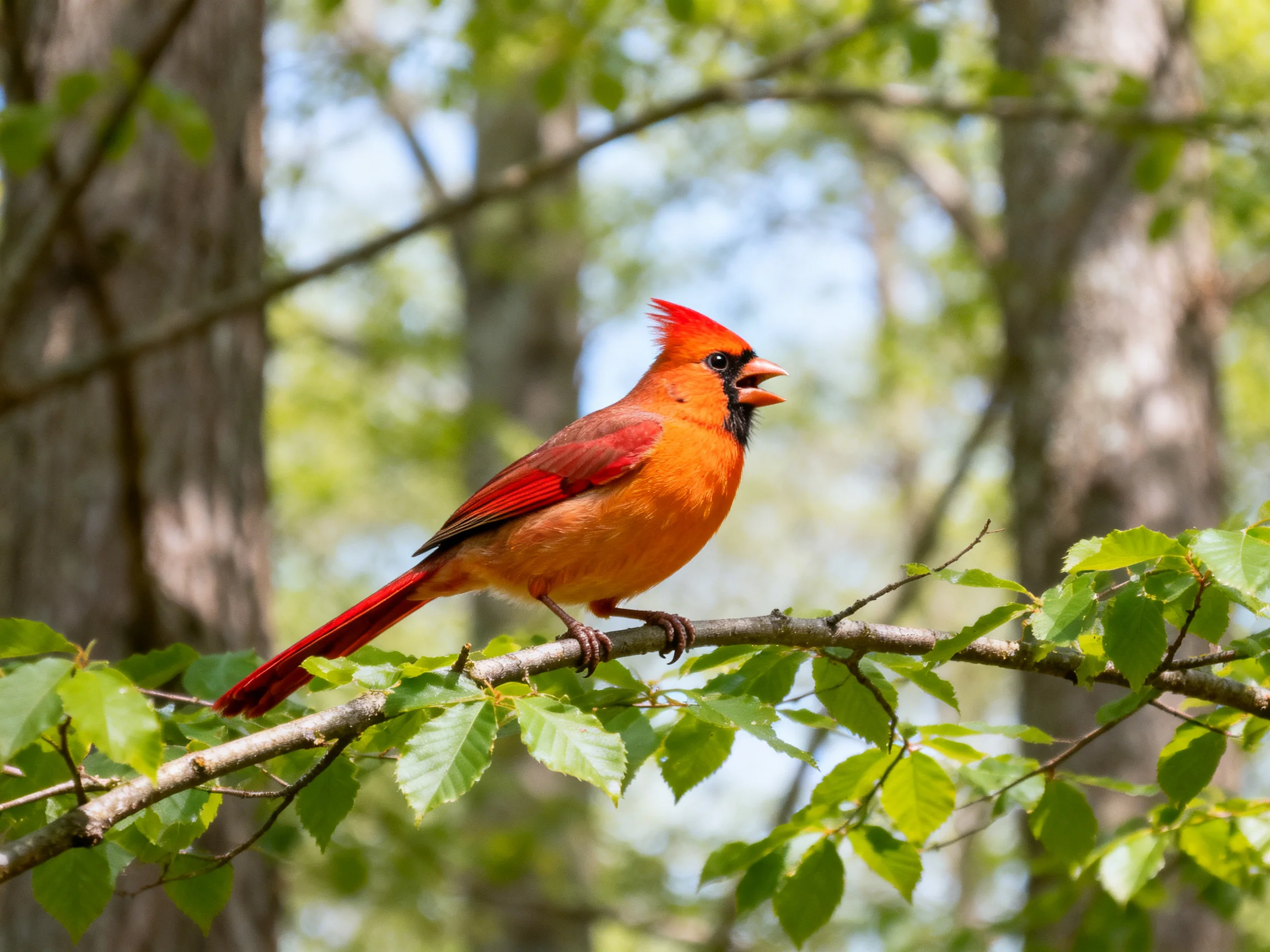 A vibrant red cardinal perched on a leafy tree branch