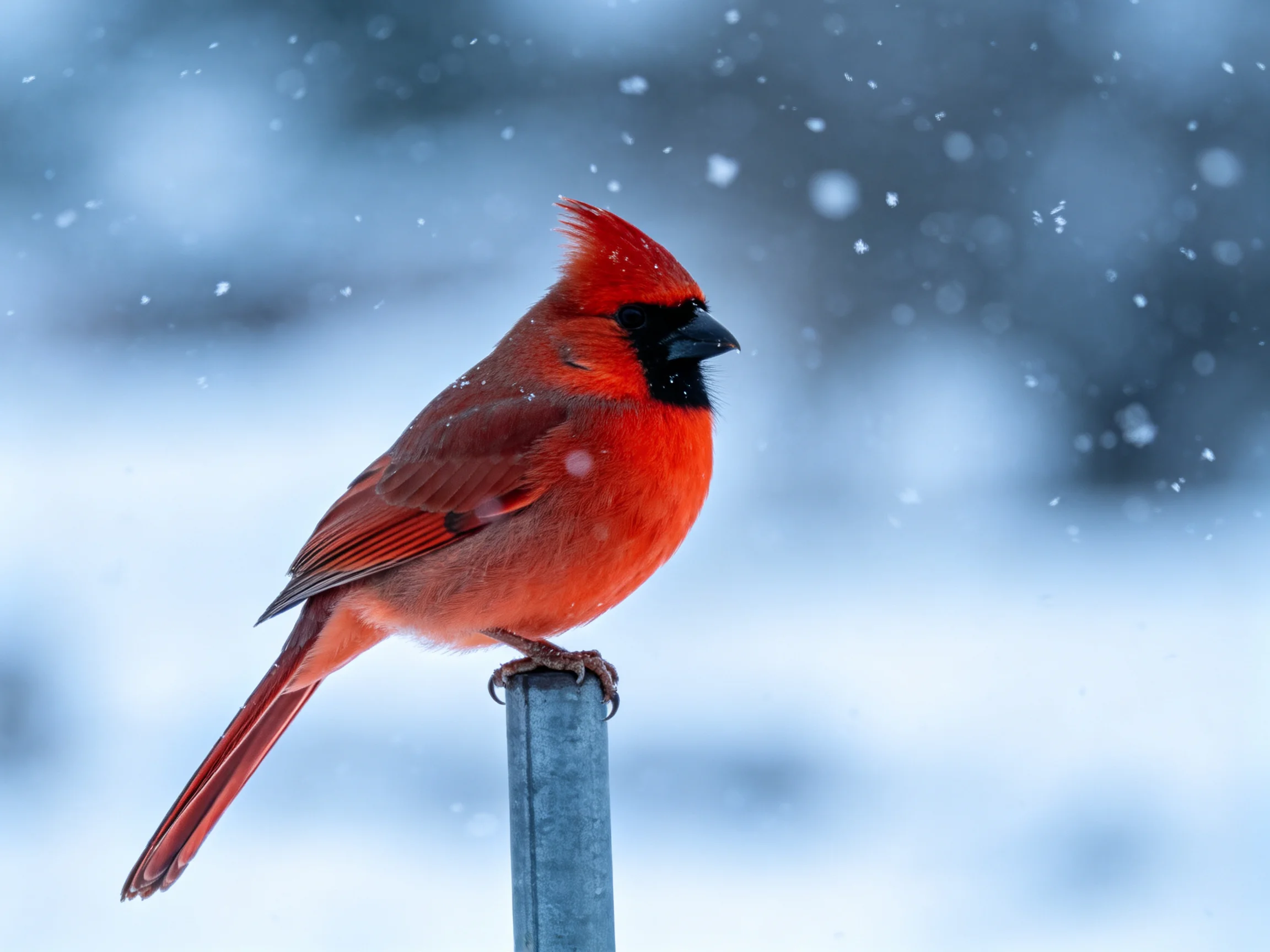 A vibrant red cardinal perched on a metal post amidst falling snow
