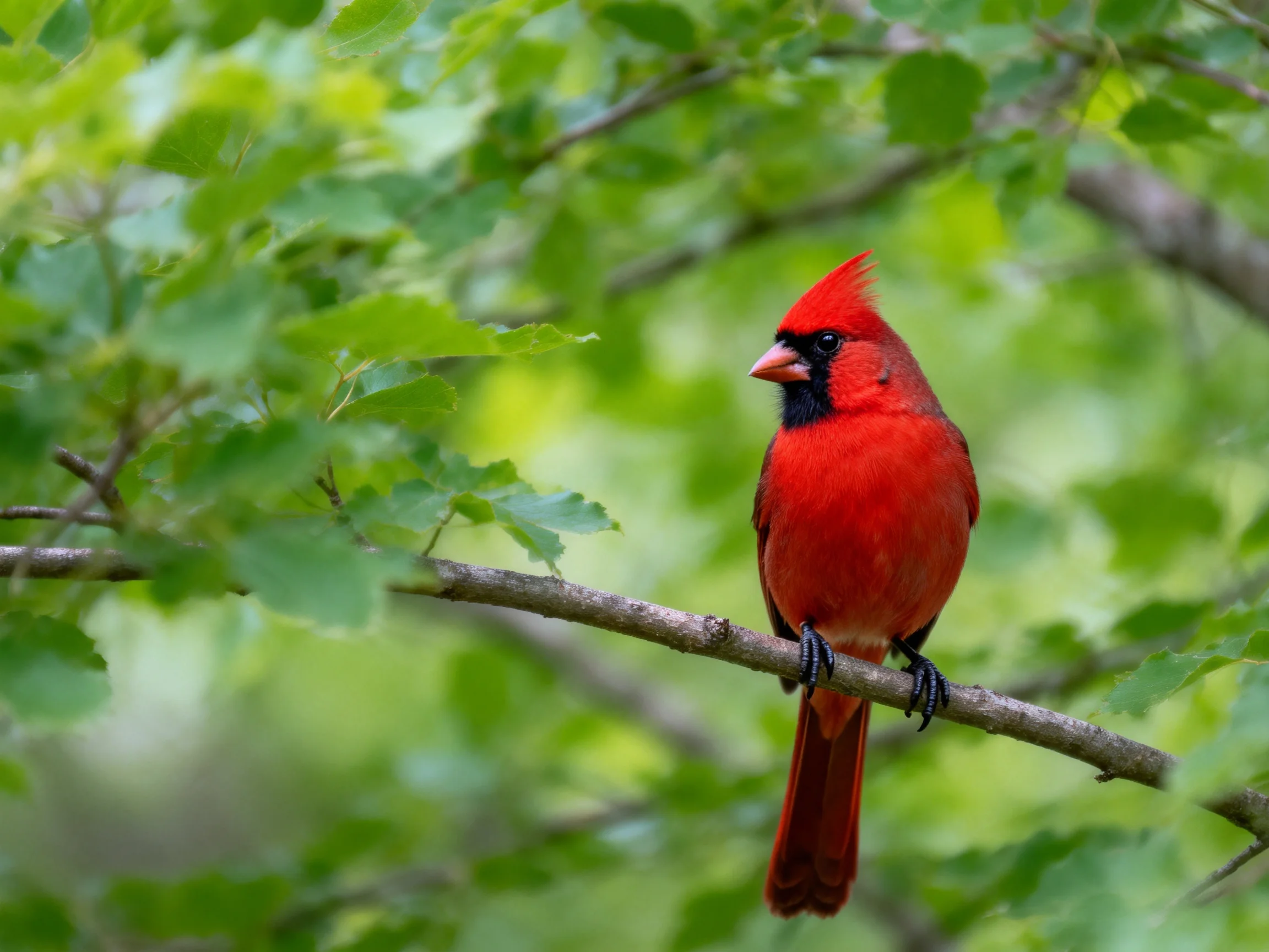 A vibrant red cardinal perched on a tree branch amid lush green leaves