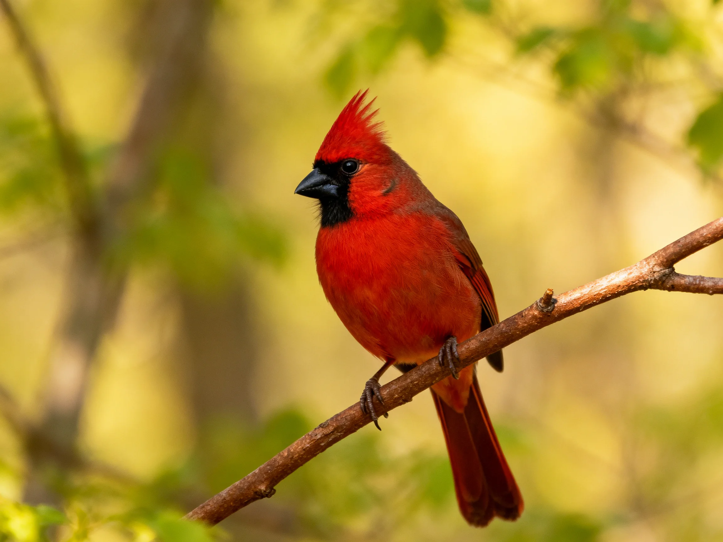 A vibrant red cardinal perched on a tree branch