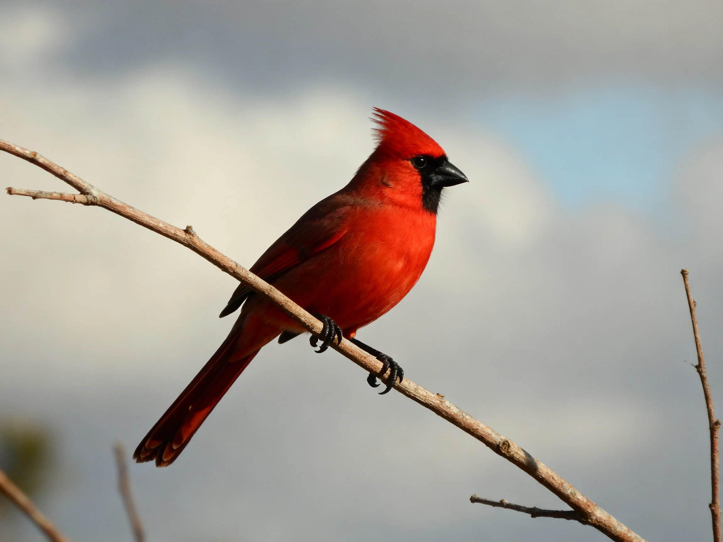 A vibrant red cardinal perches on a bare tree branch under cloudy sky