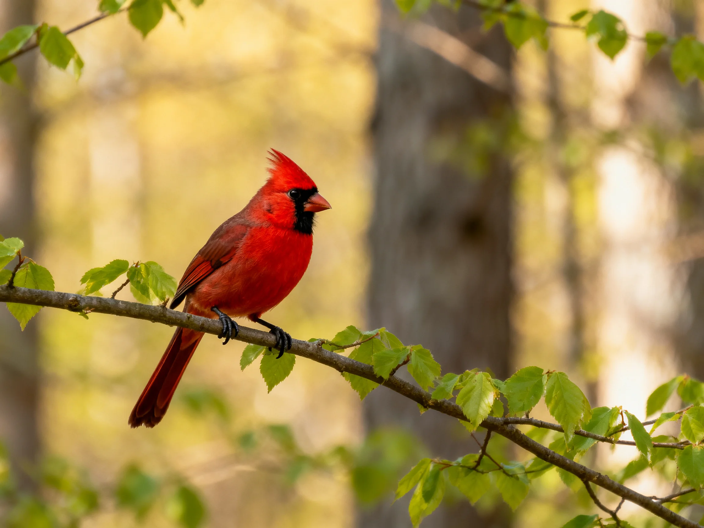 A vibrant red cardinal perches on a leafy tree branch in a sunlit forest