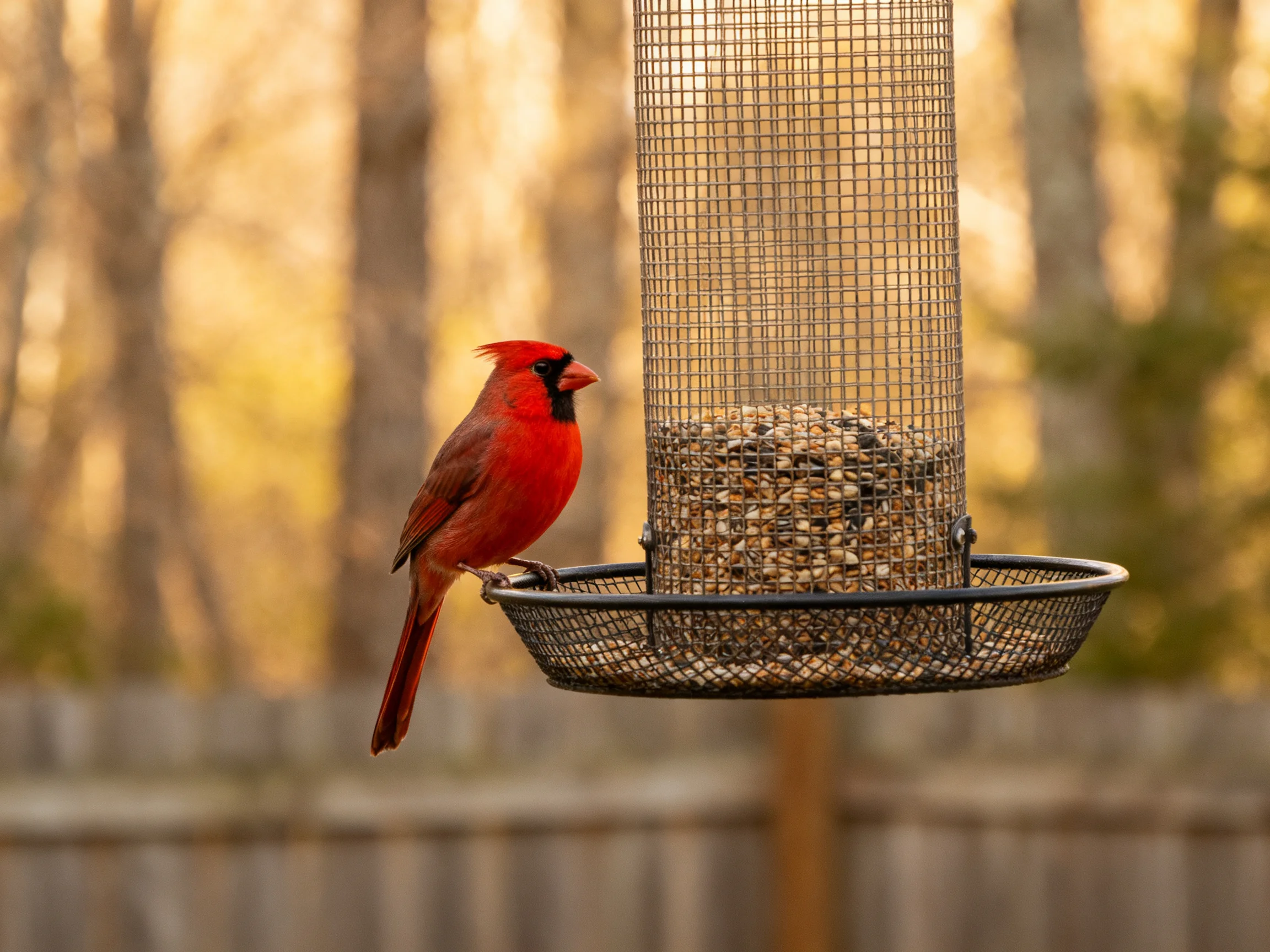 A vibrant red cardinal perches on a seed-filled wire feeder