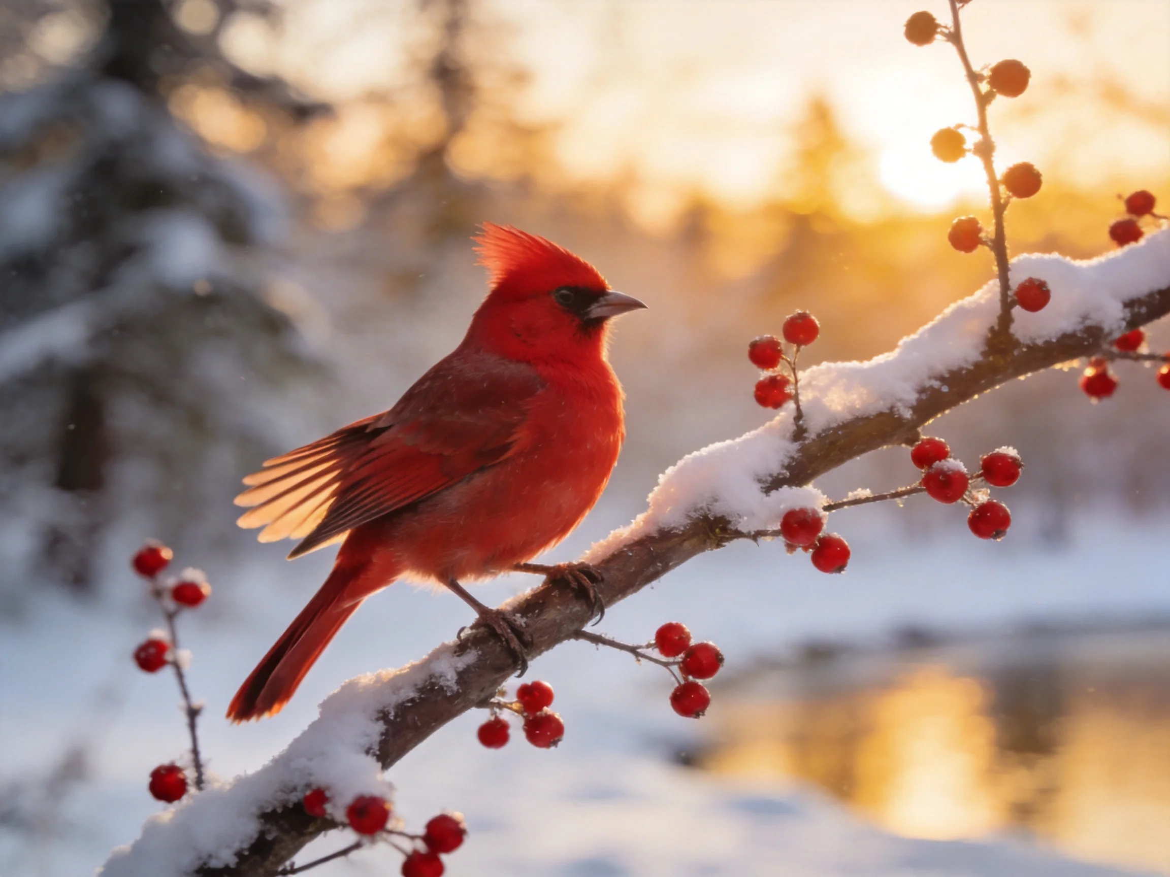 A vibrant red cardinal perches on a snow-dusted berry branch