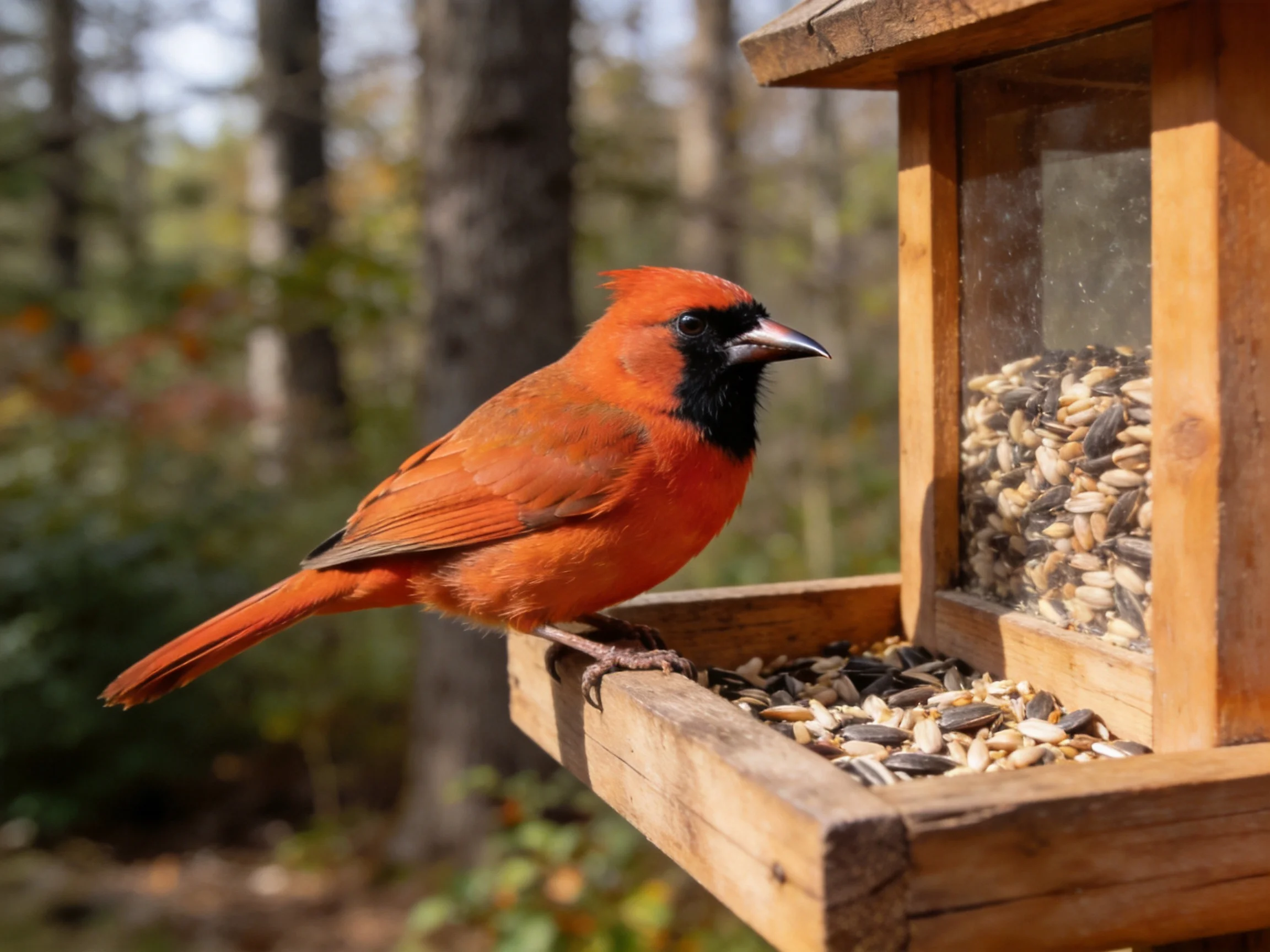 A vibrant red cardinal perches on a wooden bird feeder