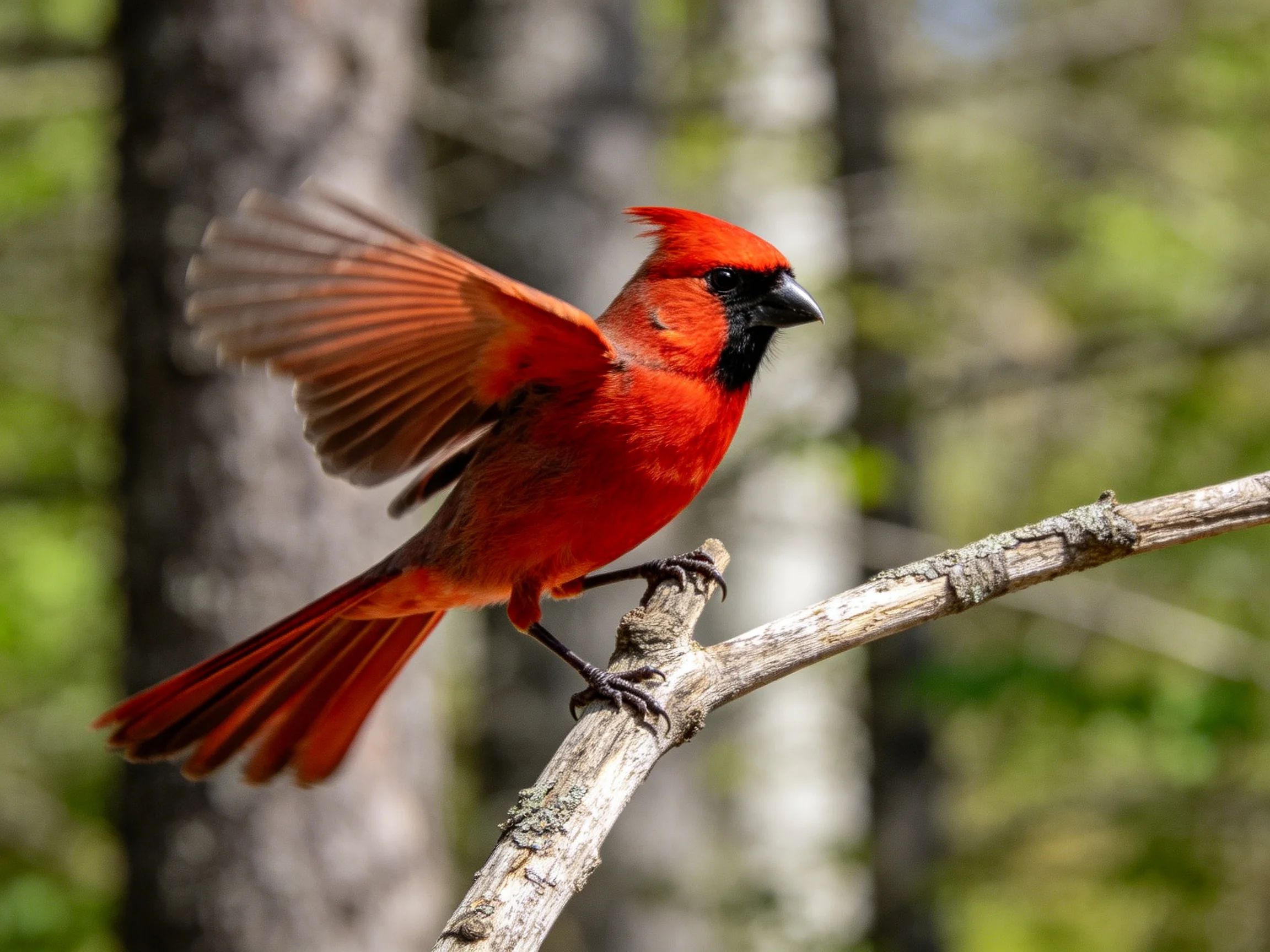 A red cardinal spreads its wings while perched on a tree branch.