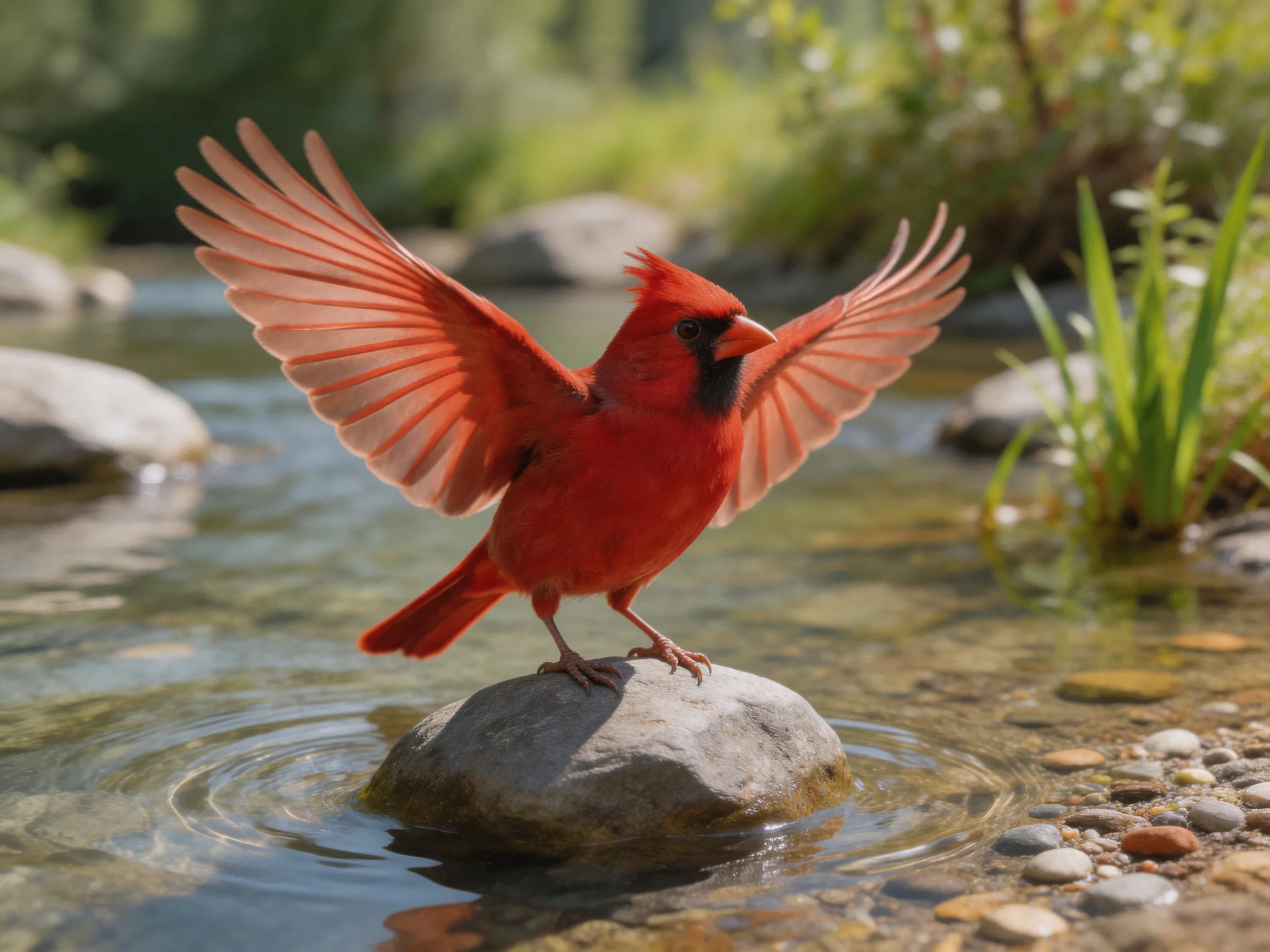 A vibrant red cardinal spreads wings on a river rock