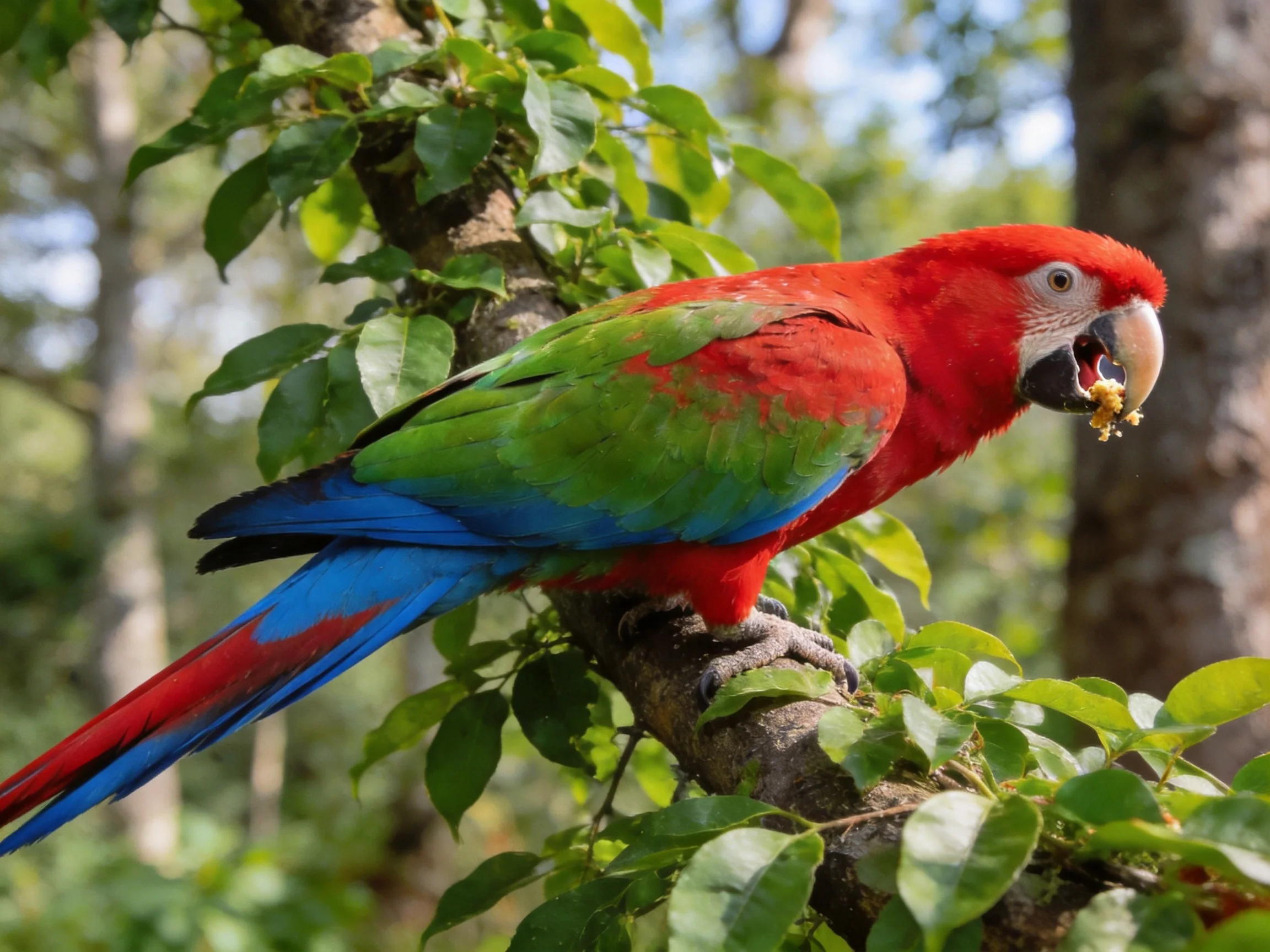 A vibrant red, green, and blue macaw perched on a leafy tree branch