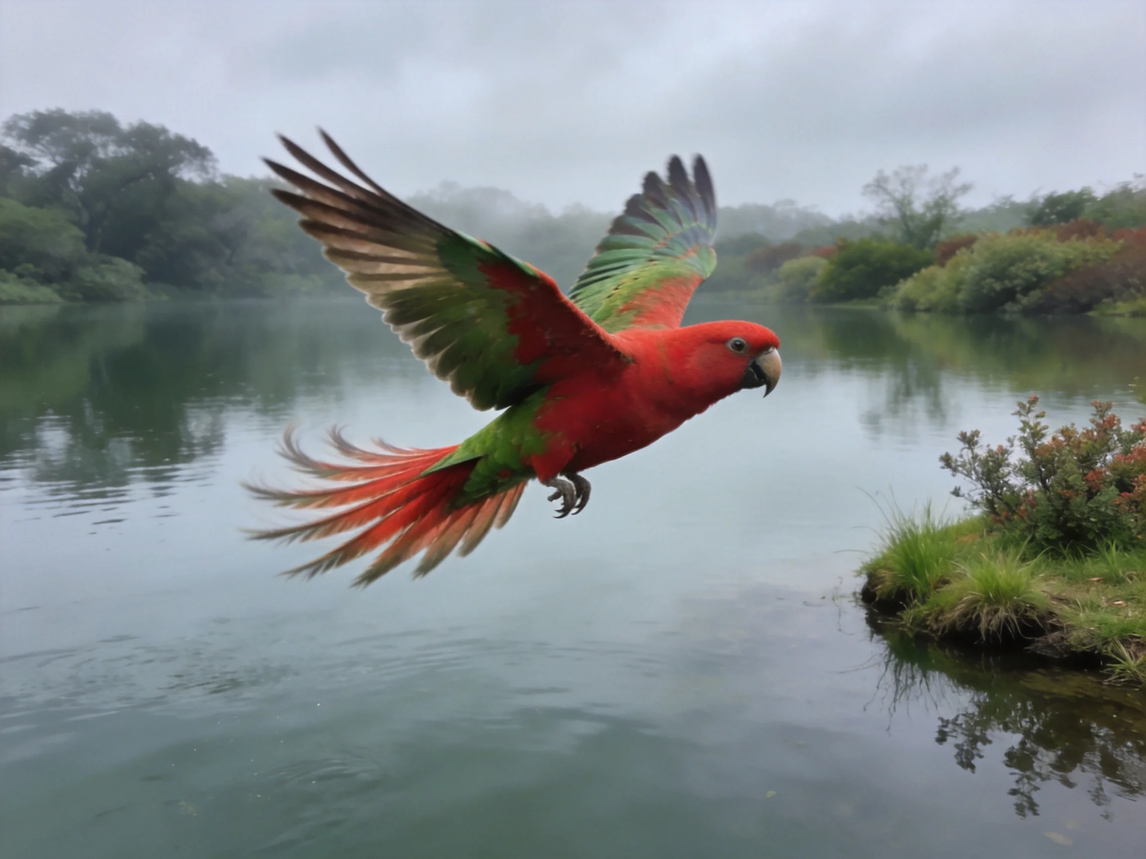 A vibrant red-green parrot flies over calm waters