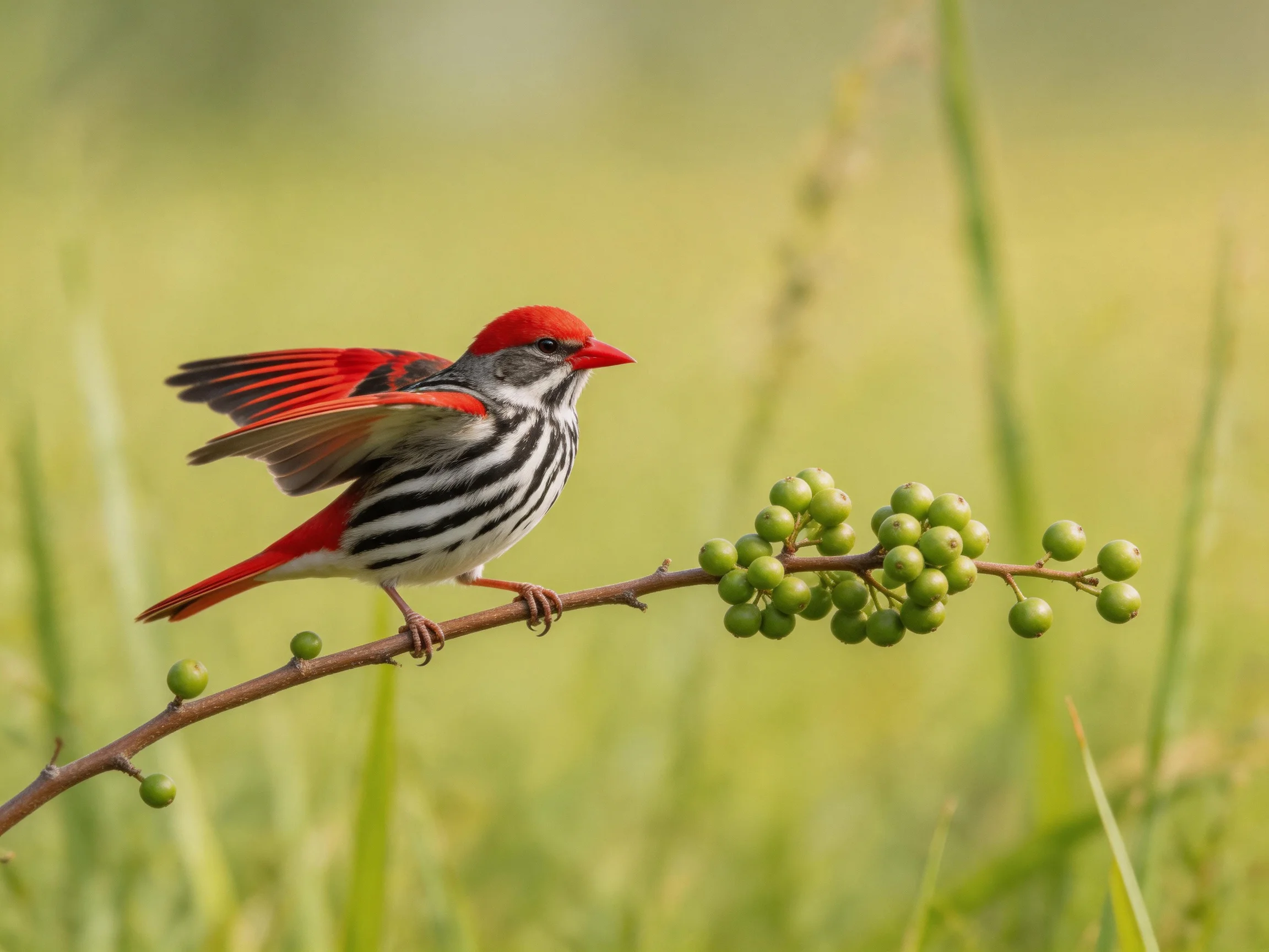 A vibrant red-headed bird perches on a berry-laden branch