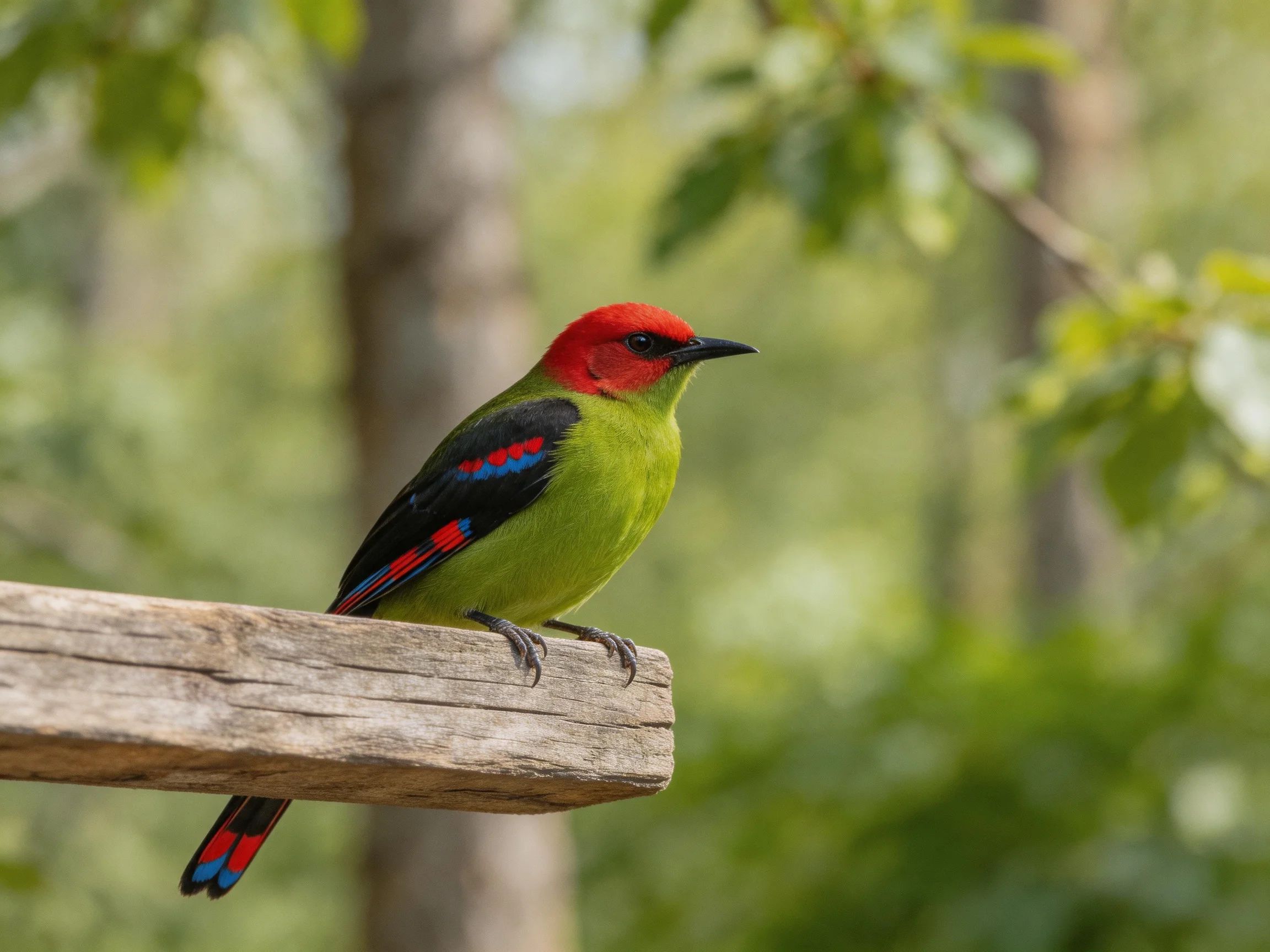 A vibrant red-headed bird perches on a weathered wooden beam amid lush greenery.