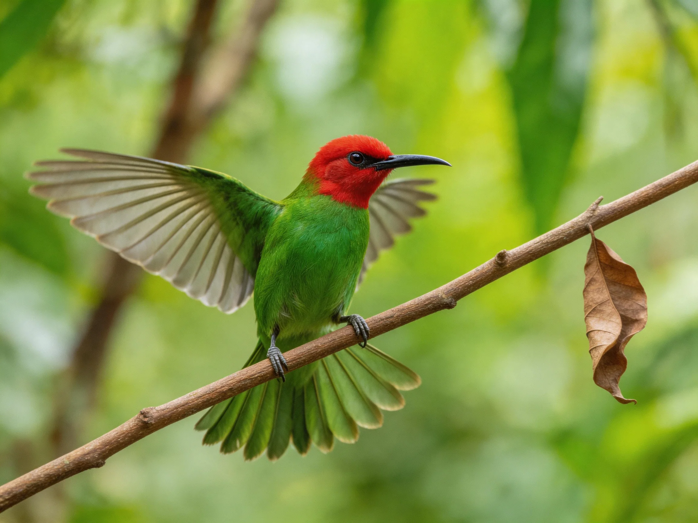 A vibrant red-headed hummingbird perches on a brown branch