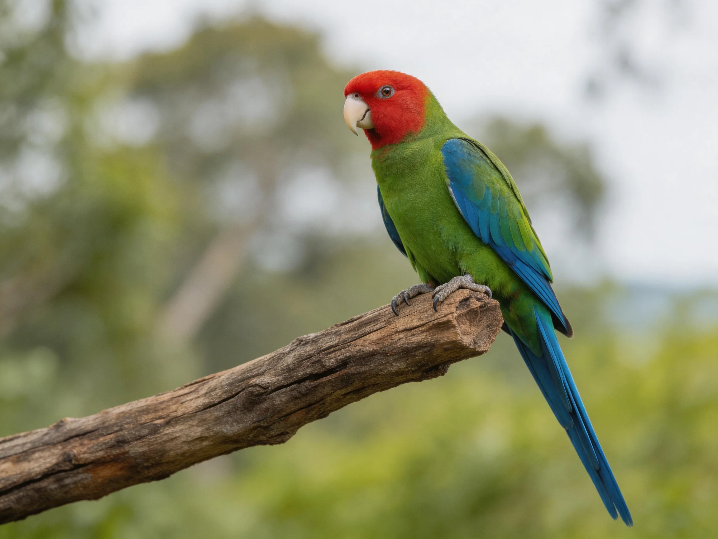 A vibrant red-headed parrot with green and blue plumage perches on a wooden branch