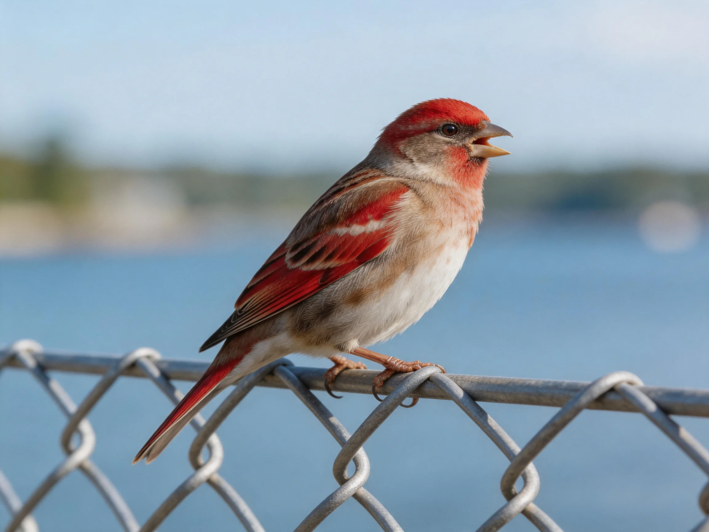 A vibrant red-headed sparrow perches on a silver chain-link fence