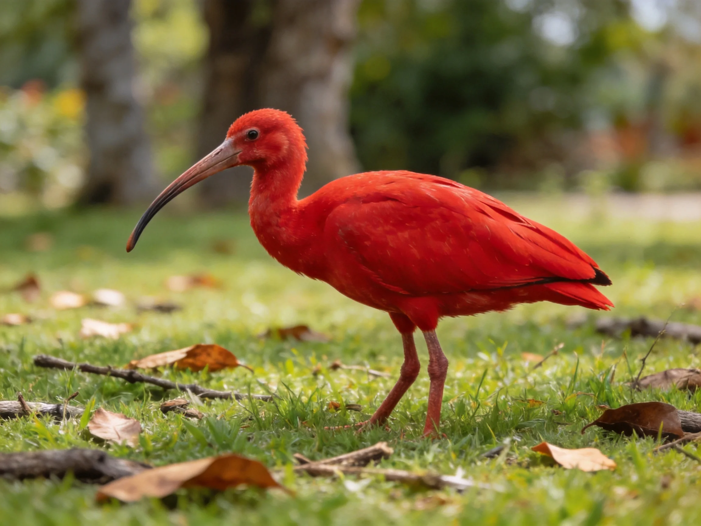 A vibrant red ibis forages among scattered leaves and grass