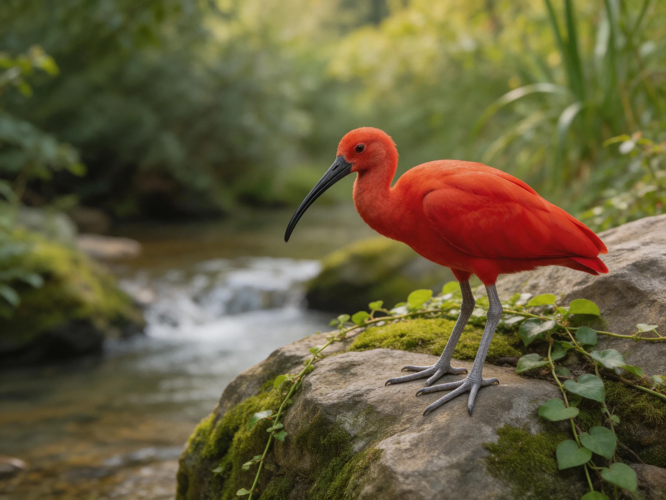 A vibrant red ibis perched on mossy rocks near a stream